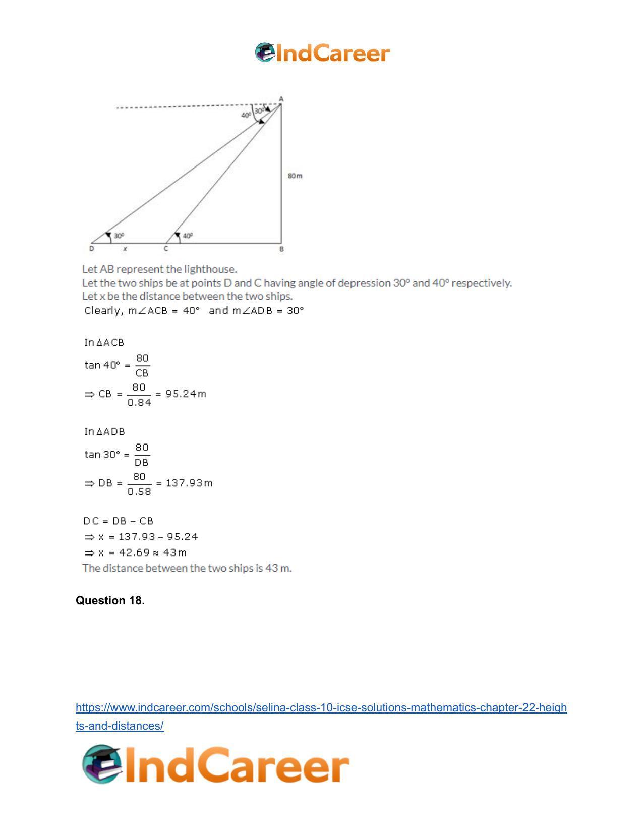 Selina Class 10 ICSE Solutions Mathematics : Chapter 22- Heights and Distances - Page 49
