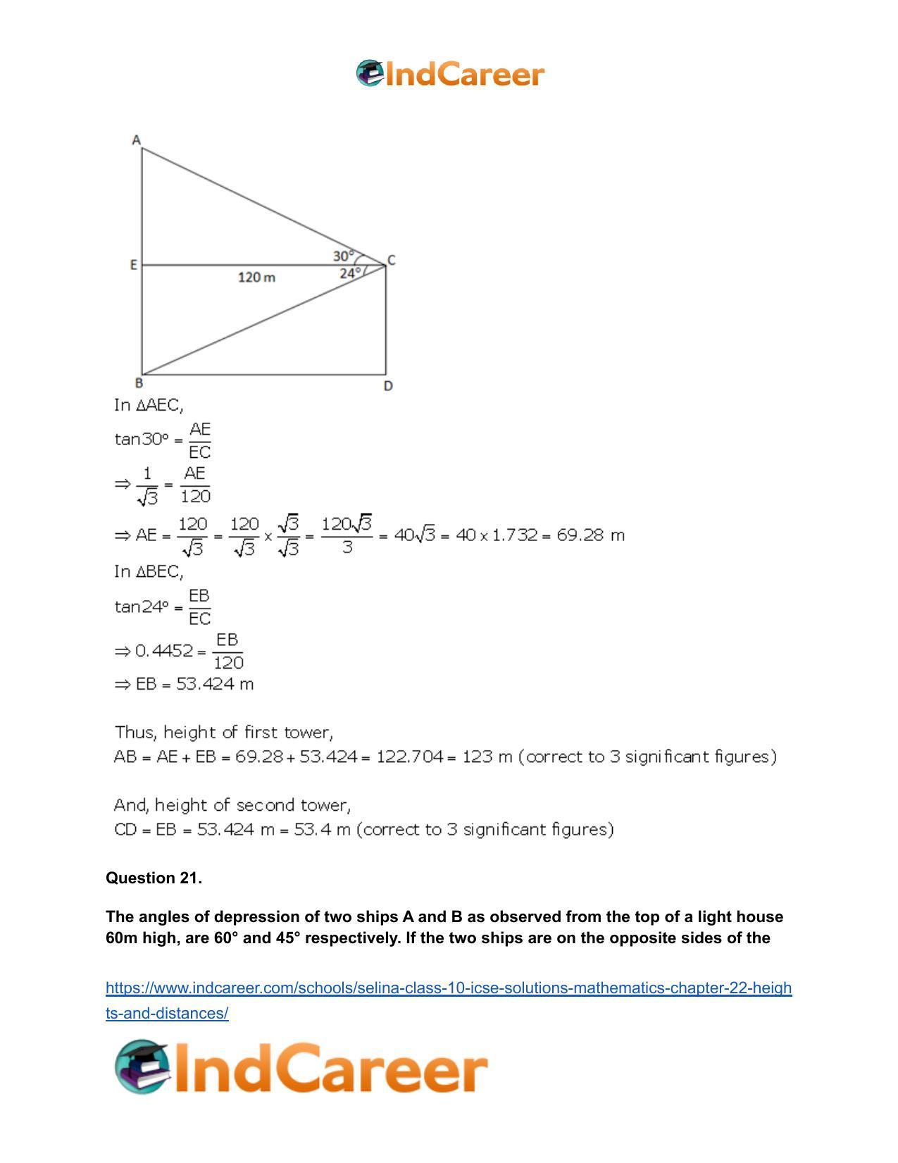 Selina Class 10 ICSE Solutions Mathematics : Chapter 22- Heights and Distances - Page 55