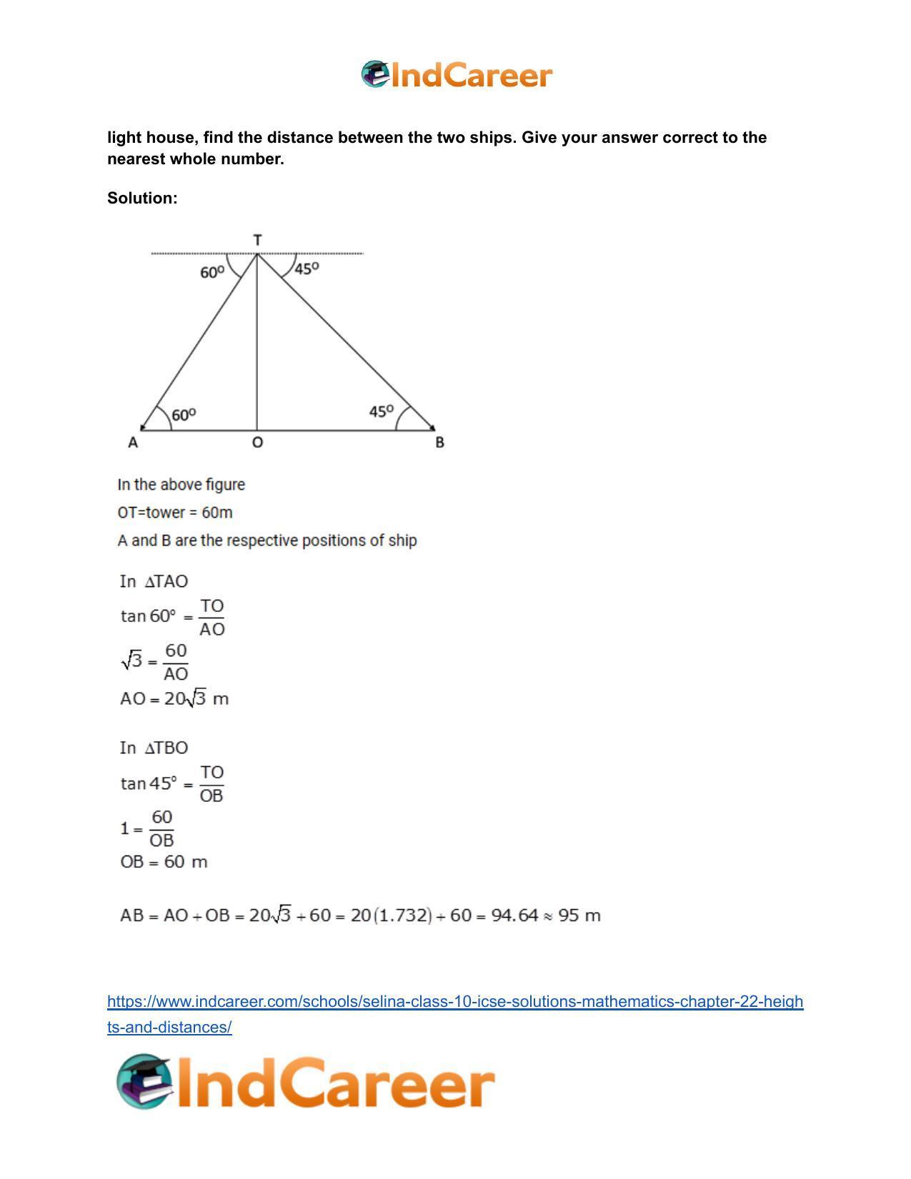 Selina Class 10 ICSE Solutions Mathematics : Chapter 22- Heights and Distances - Page 56