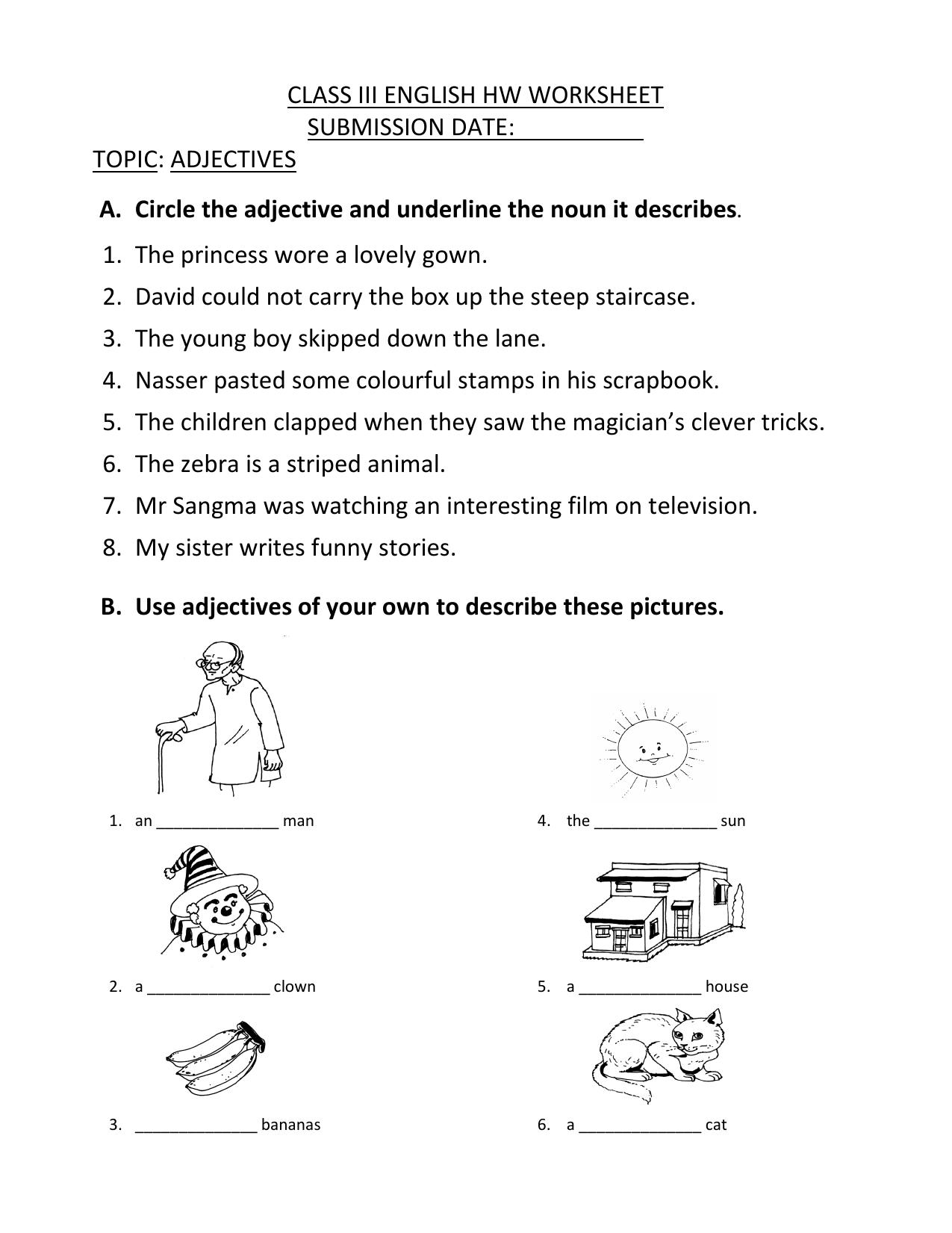 Worksheet for Class 3 English Adjectives Assignment I - Page 1
