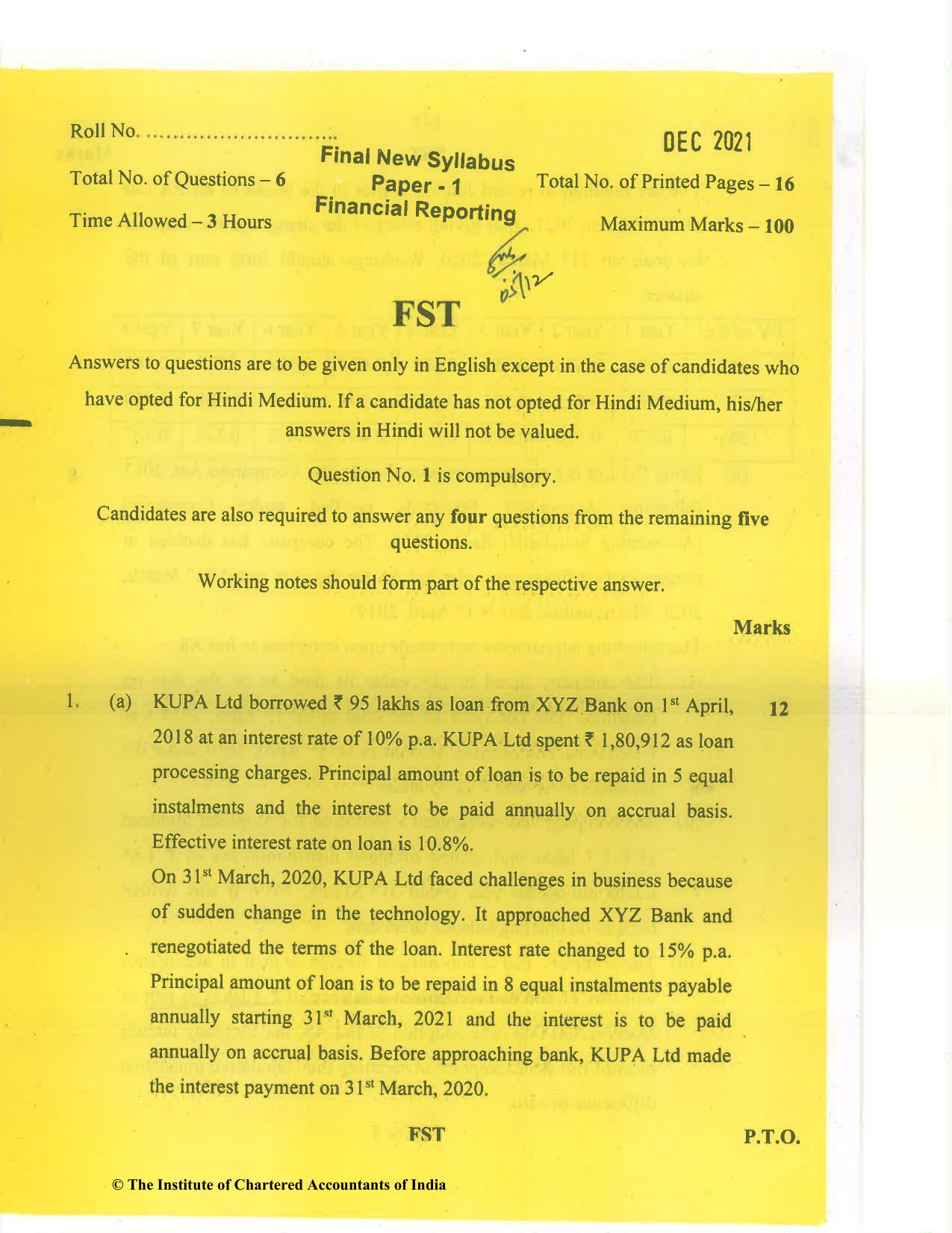 CA Final Dec 2021 Question Paper - Paper 1 – Financial Reporting - Page 1