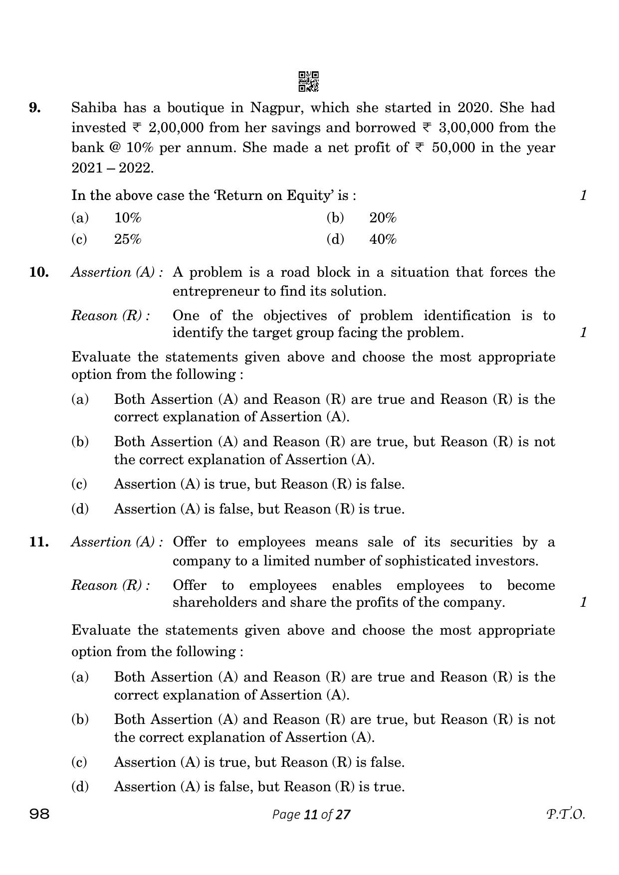 CBSE Class 12 98 Entrepreneurship 2023 Question Paper - Page 11
