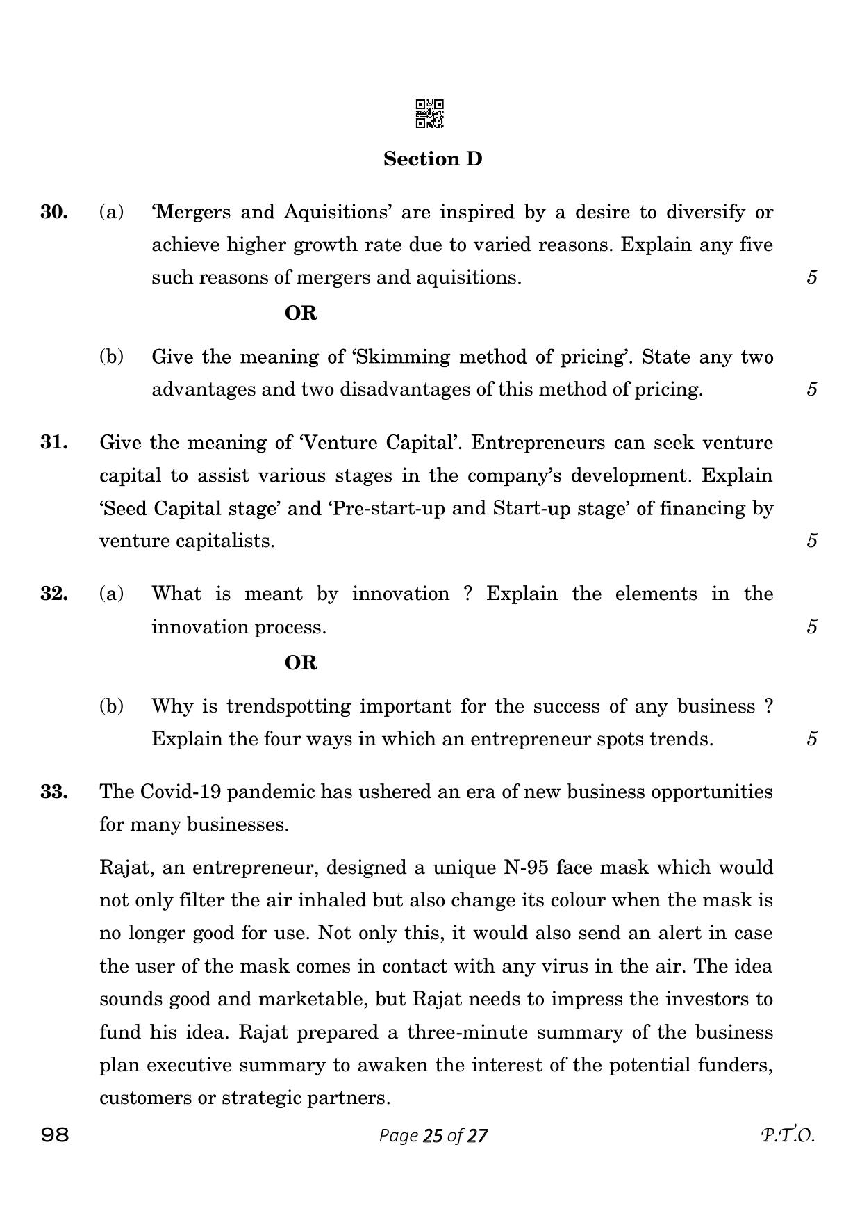 CBSE Class 12 98 Entrepreneurship 2023 Question Paper - Page 25