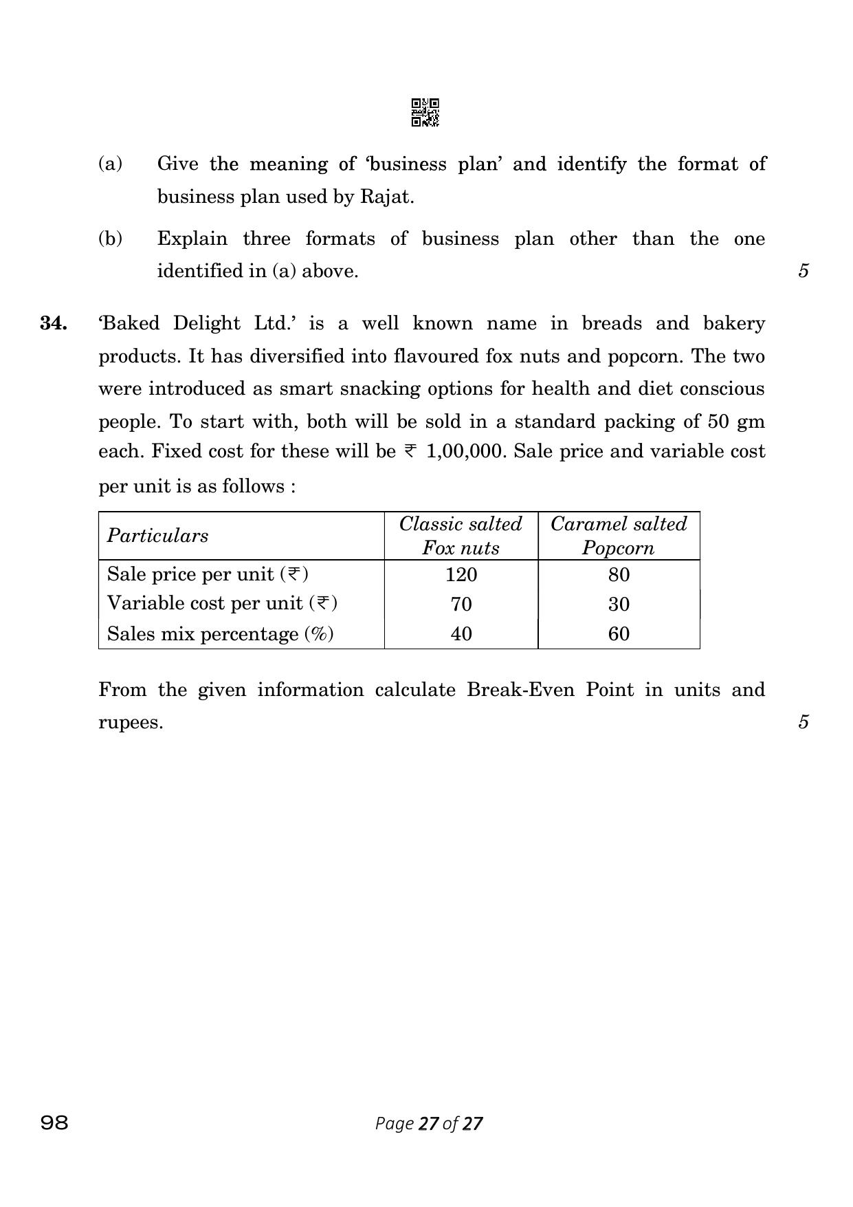 CBSE Class 12 98 Entrepreneurship 2023 Question Paper - Page 27
