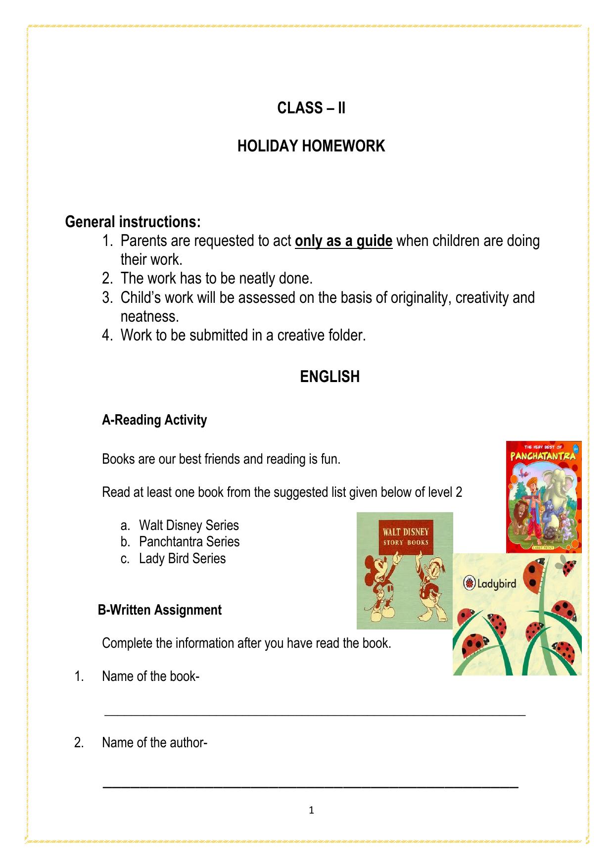 Worksheet for Class 2 All Subjects Holiday Assignment 5 - Page 1