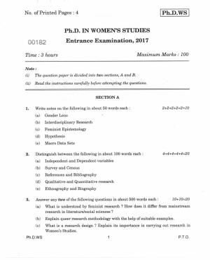 IGNOU PhD Entrance Test Ph.D. IN Women's Studies 2017 Question Paper