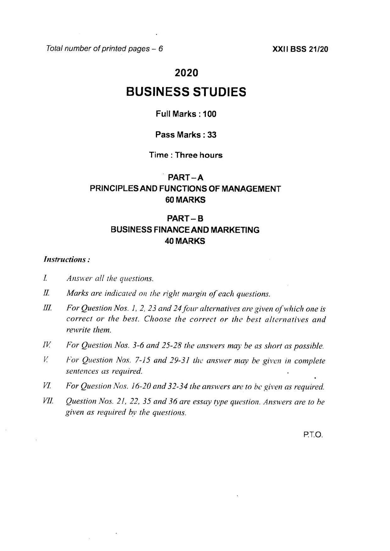 COHSEM Class 12 Business Studies Question Papers 2020 - Page 1