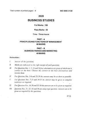 COHSEM Class 12 Business Studies Question Papers 2020