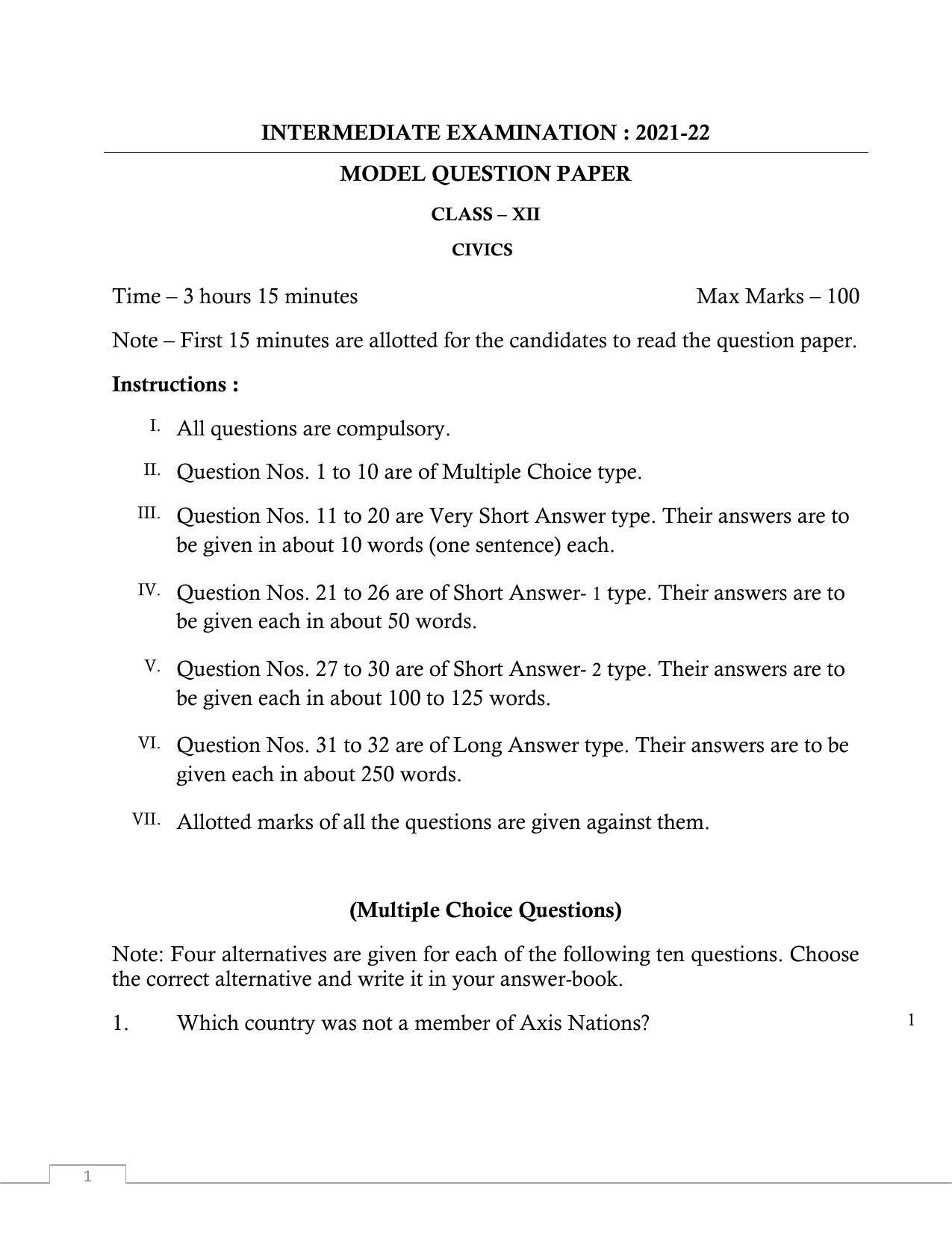 UP Board Class 12 Civics Model Papers 2023 - Page 1