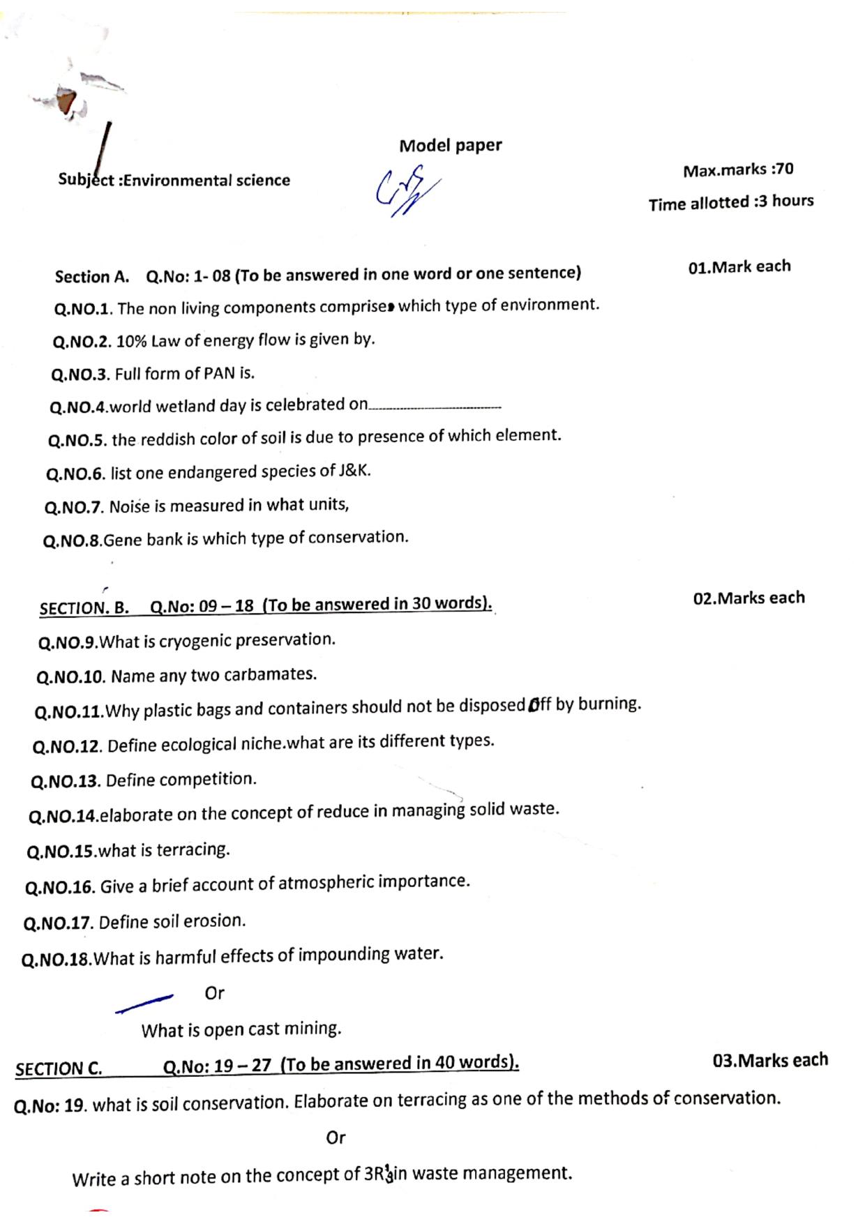 JKBOSE Class 11 Environmental Science Model Question Paper - Page 1