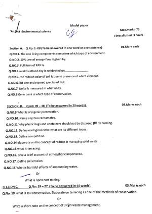 JKBOSE Class 11 Environmental Science Model Question Paper