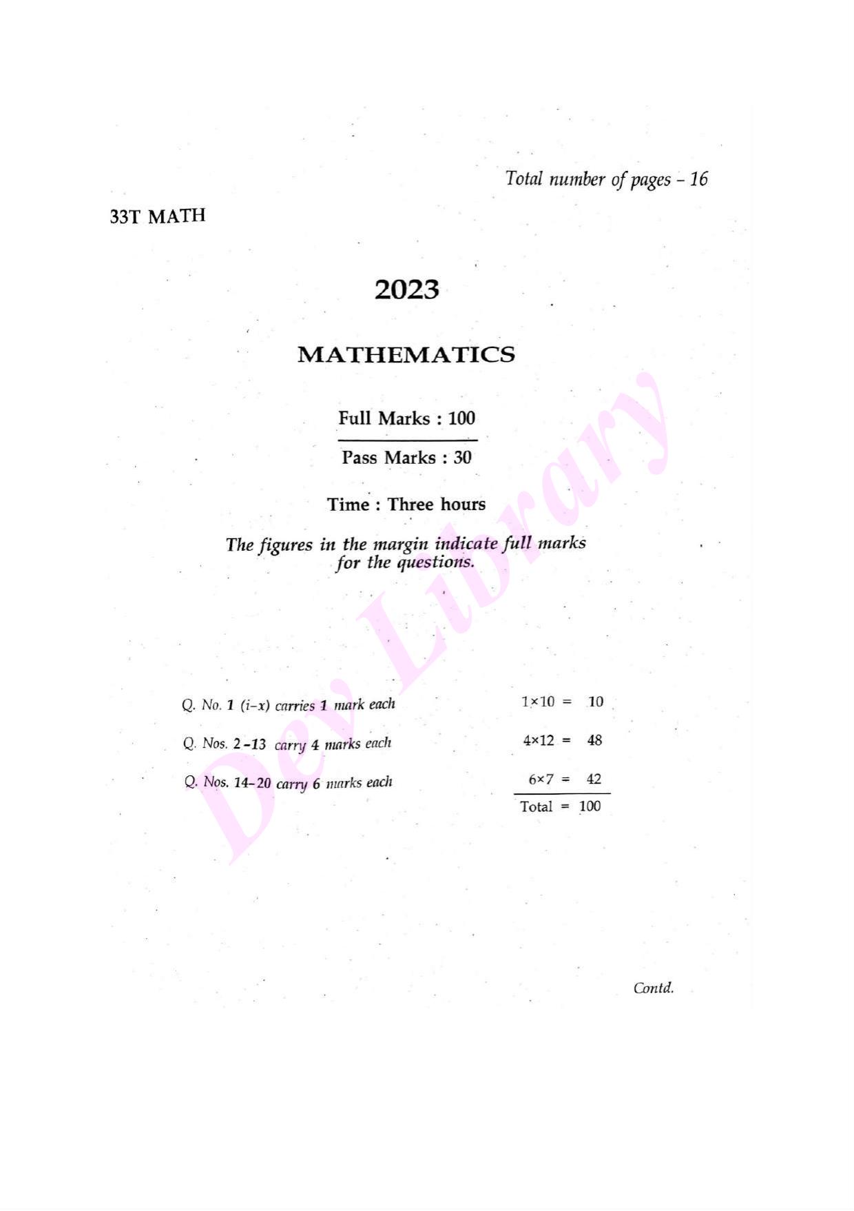 Assam HS 2nd Year Mathematics 2023 Question Paper - Page 1