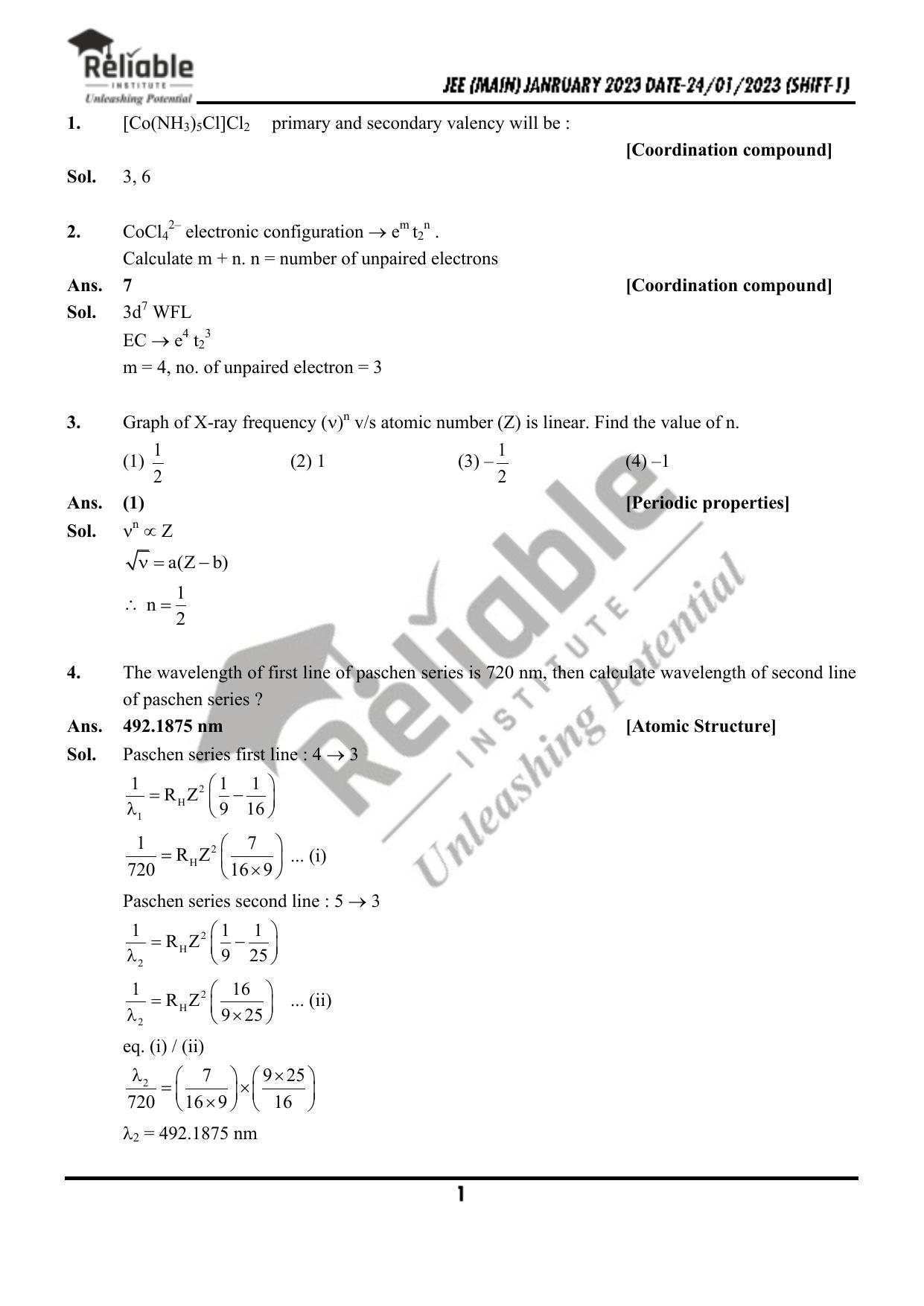 JEE Main 2023 January 24 Shift 1 Chemistry Paper with Solution (Reliable Institute Kota) - Page 2