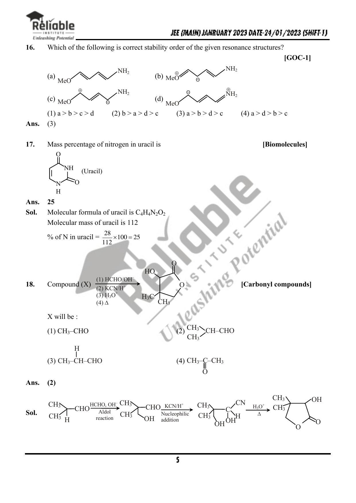 JEE Main 2023 January 24 Shift 1 Chemistry Paper with Solution (Reliable Institute Kota) - Page 6