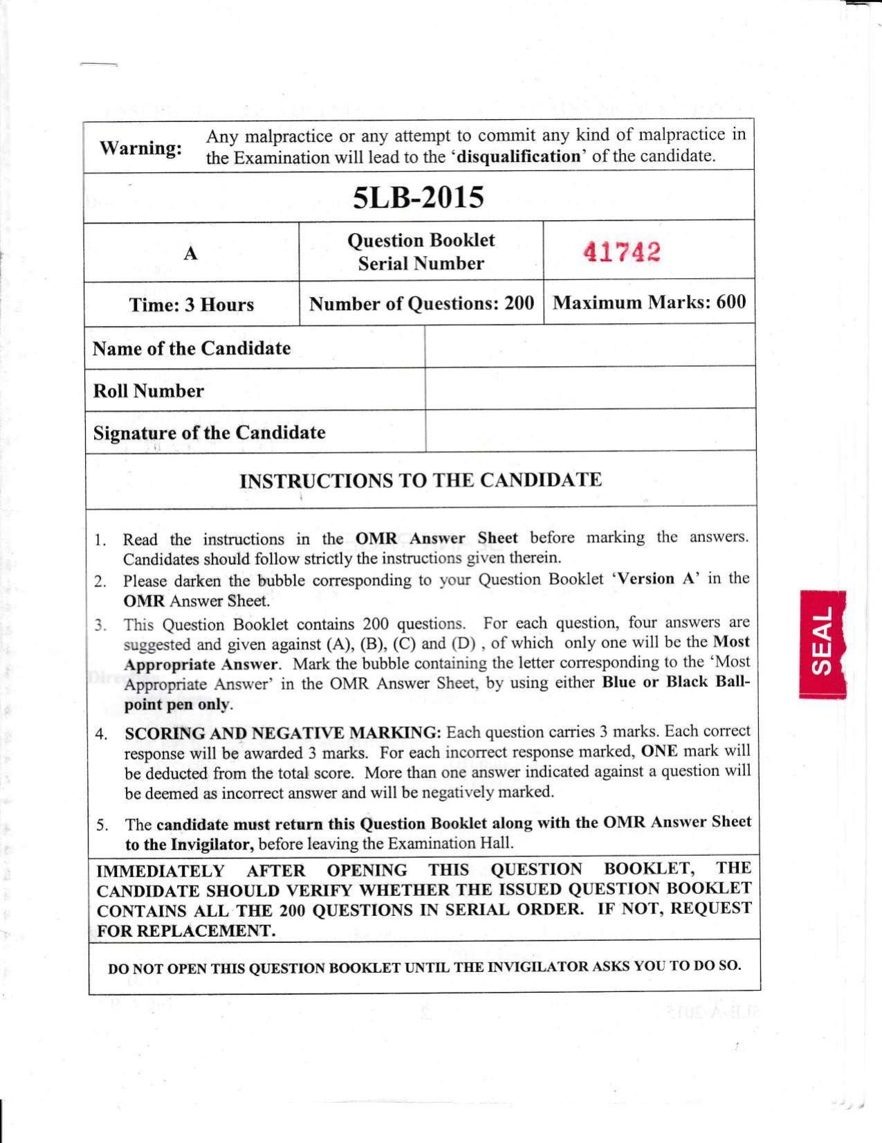 KLEE 5 Year LLB Exam 2015 Question Paper - Page 1