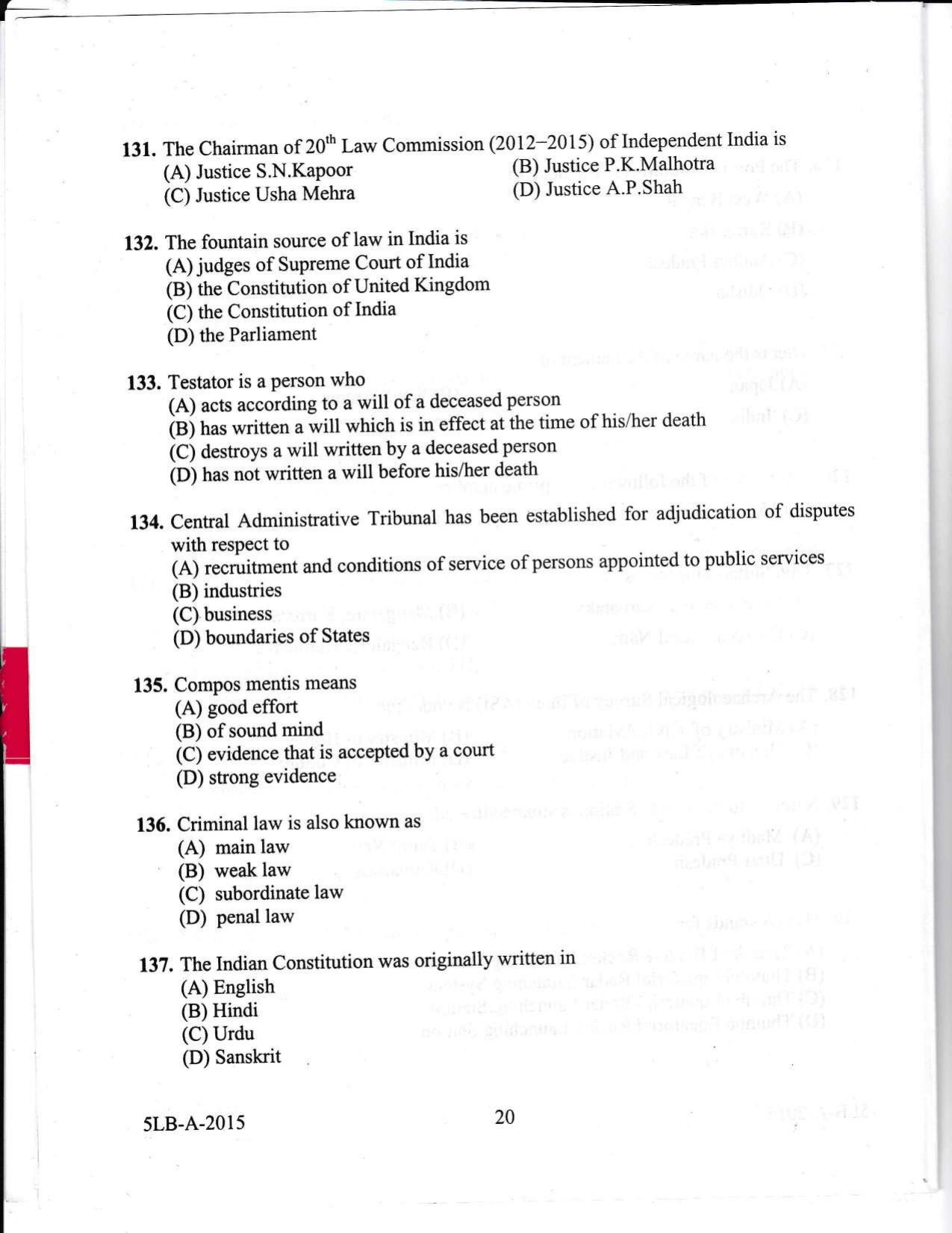 KLEE 5 Year LLB Exam 2015 Question Paper - Page 20