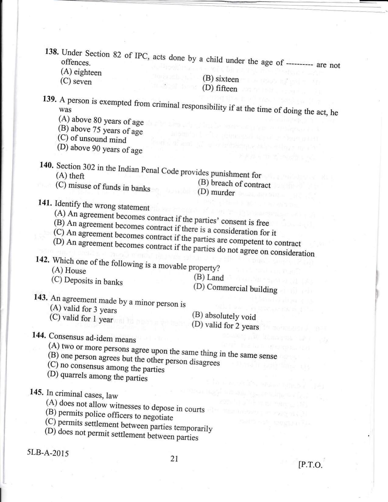KLEE 5 Year LLB Exam 2015 Question Paper - Page 21