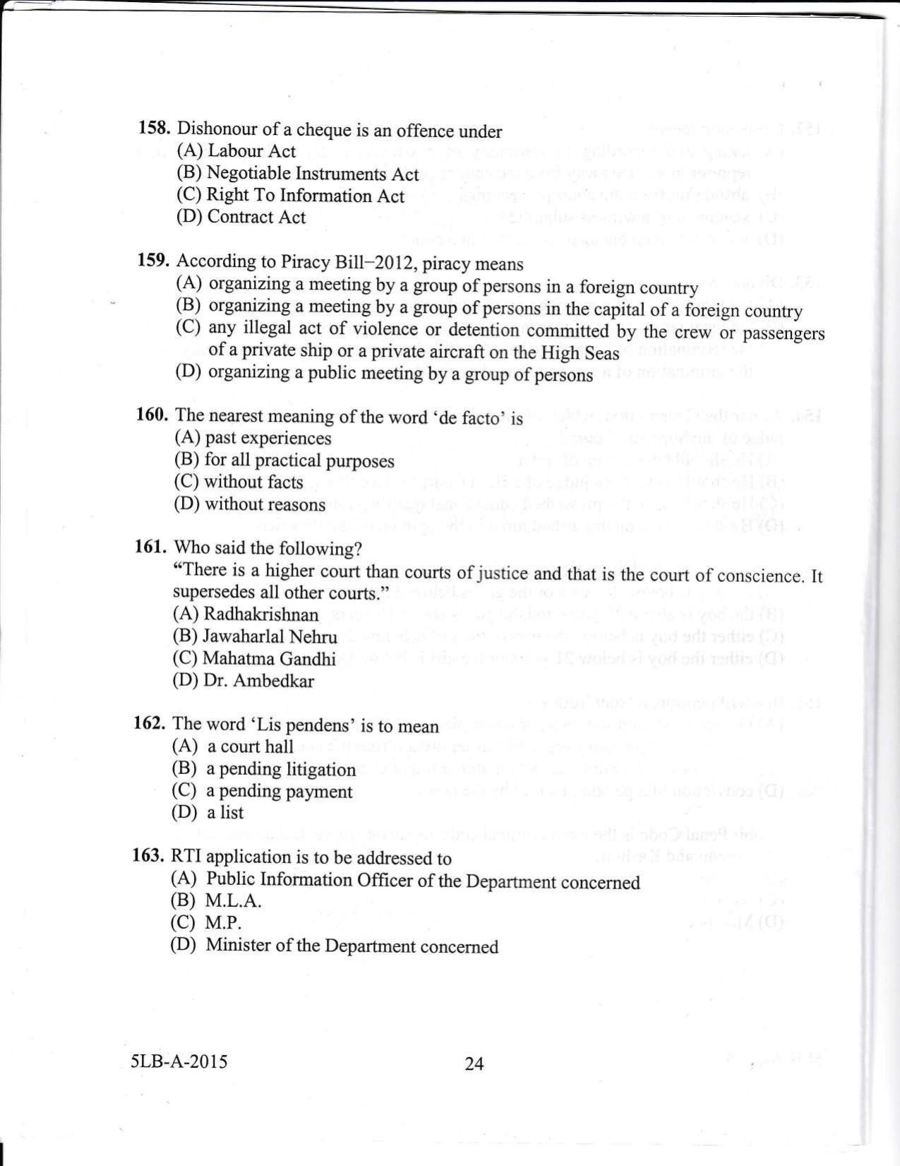 KLEE 5 Year LLB Exam 2015 Question Paper - Page 24