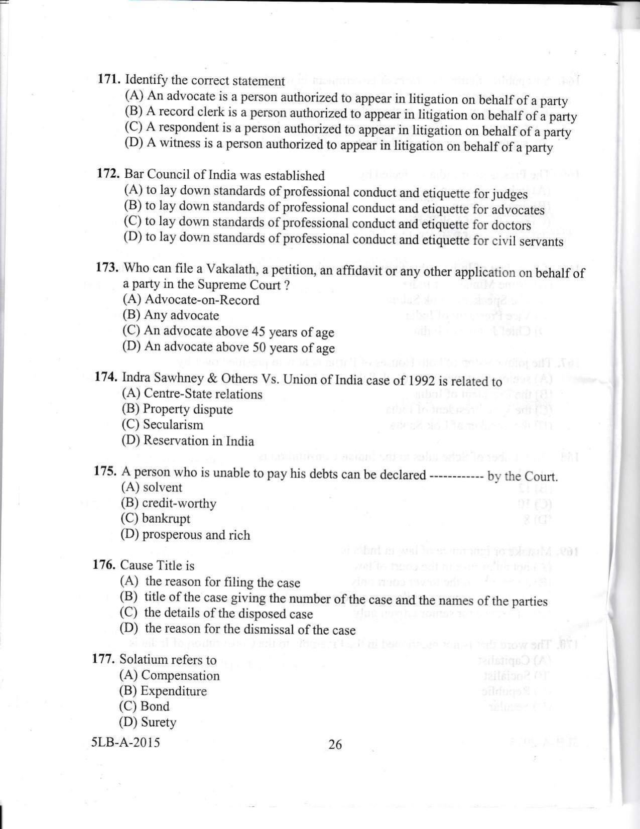KLEE 5 Year LLB Exam 2015 Question Paper - Page 26