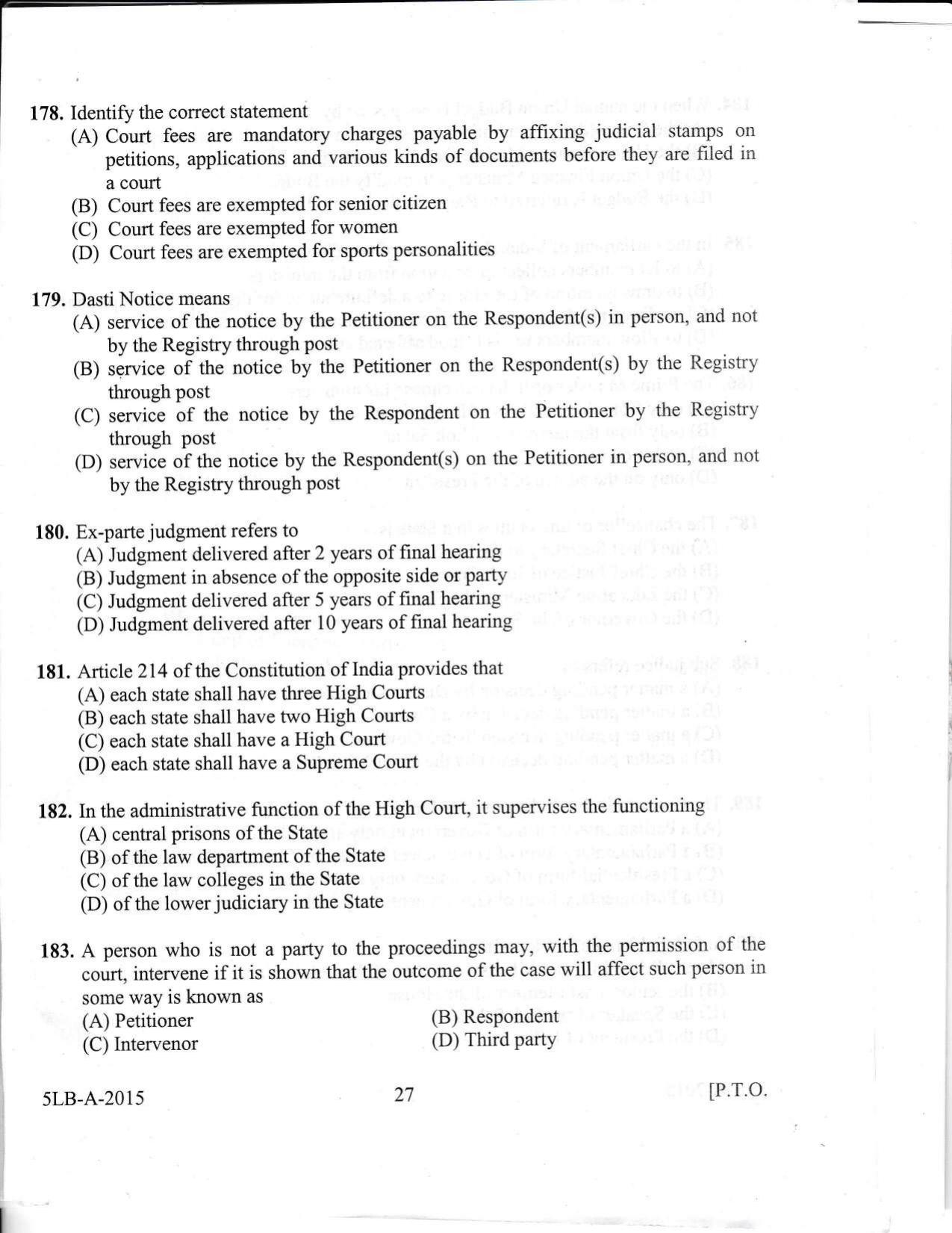 KLEE 5 Year LLB Exam 2015 Question Paper - Page 27