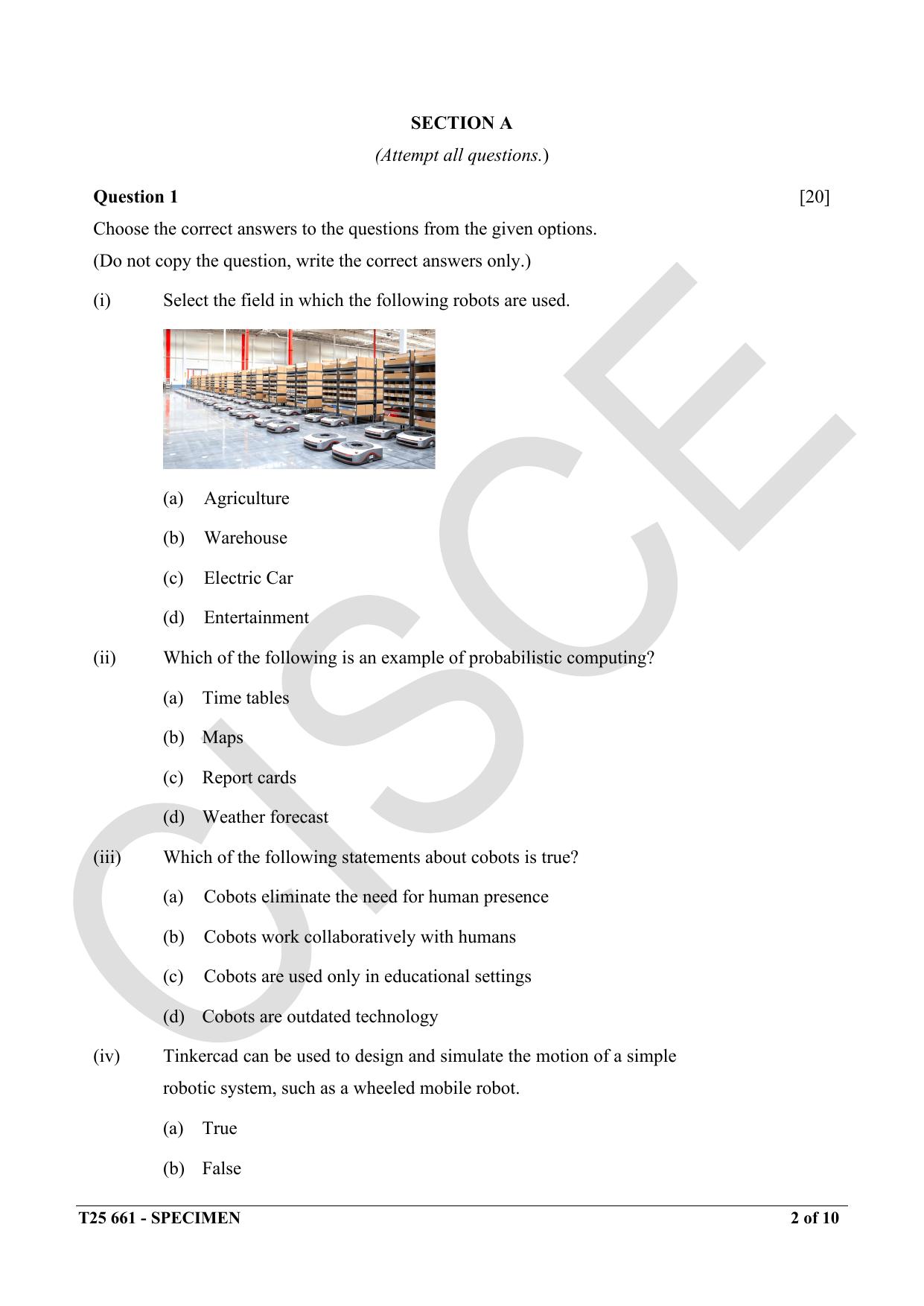 ICSE Class 10 2025 Robotics and Artificial Intelligence (QP & MS) Specimen Paper - Page 2