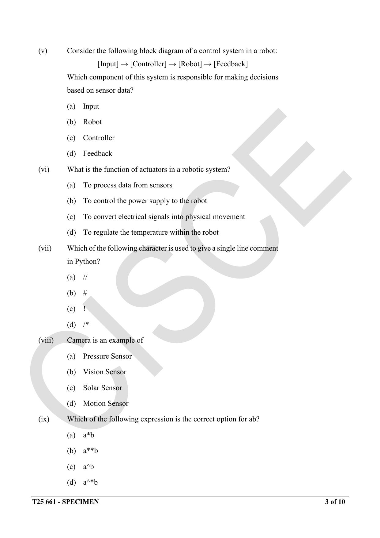 ICSE Class 10 2025 Robotics and Artificial Intelligence (QP & MS) Specimen Paper - Page 3