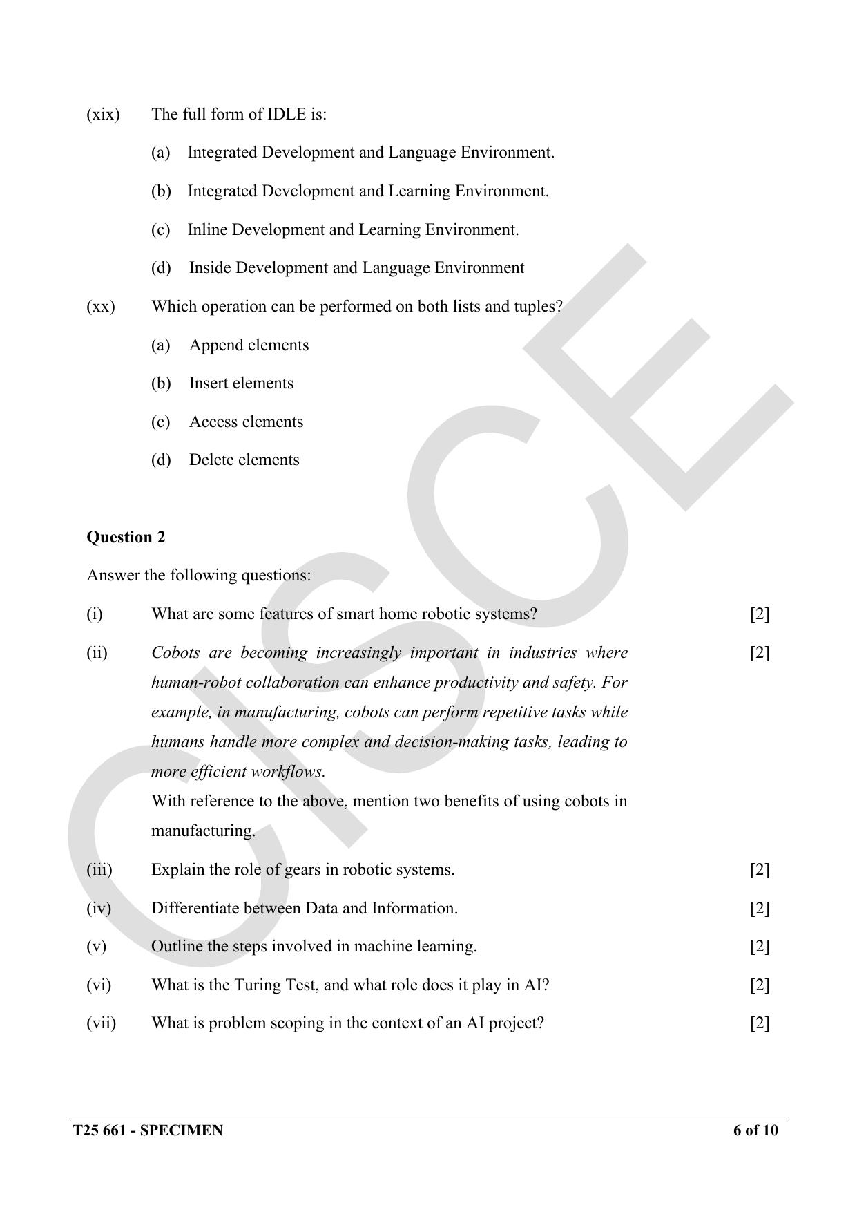 ICSE Class 10 2025 Robotics and Artificial Intelligence (QP & MS) Specimen Paper - Page 6