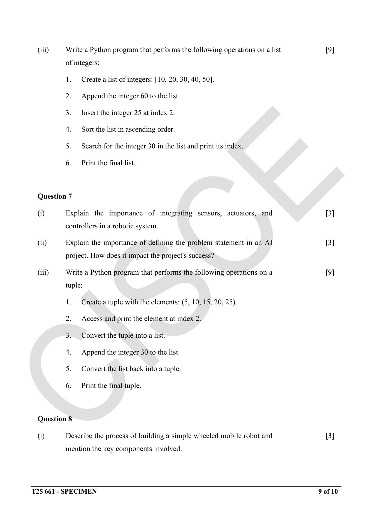 ICSE Class 10 2025 Robotics and Artificial Intelligence (QP & MS) Specimen Paper - Page 9