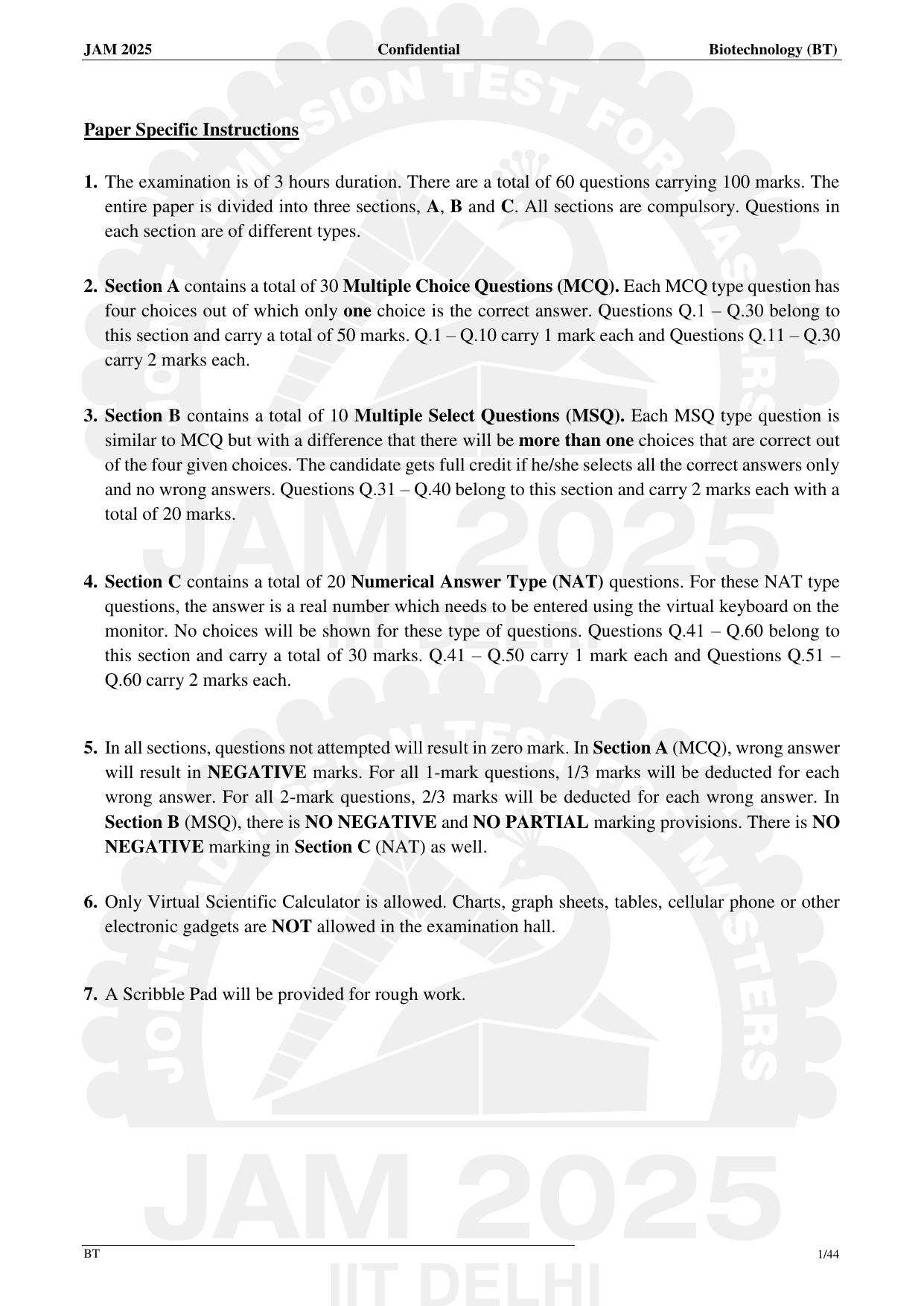IIT JAM 2025 Biotechnology (BT) Question Paper - Page 1