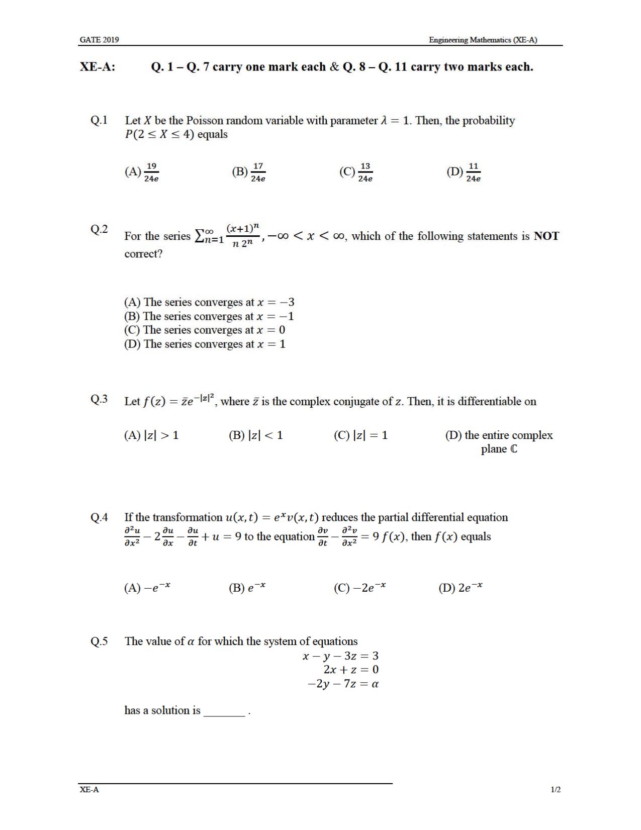 GATE 2019 Engineering Sciences (XE) Question Paper - Page 4