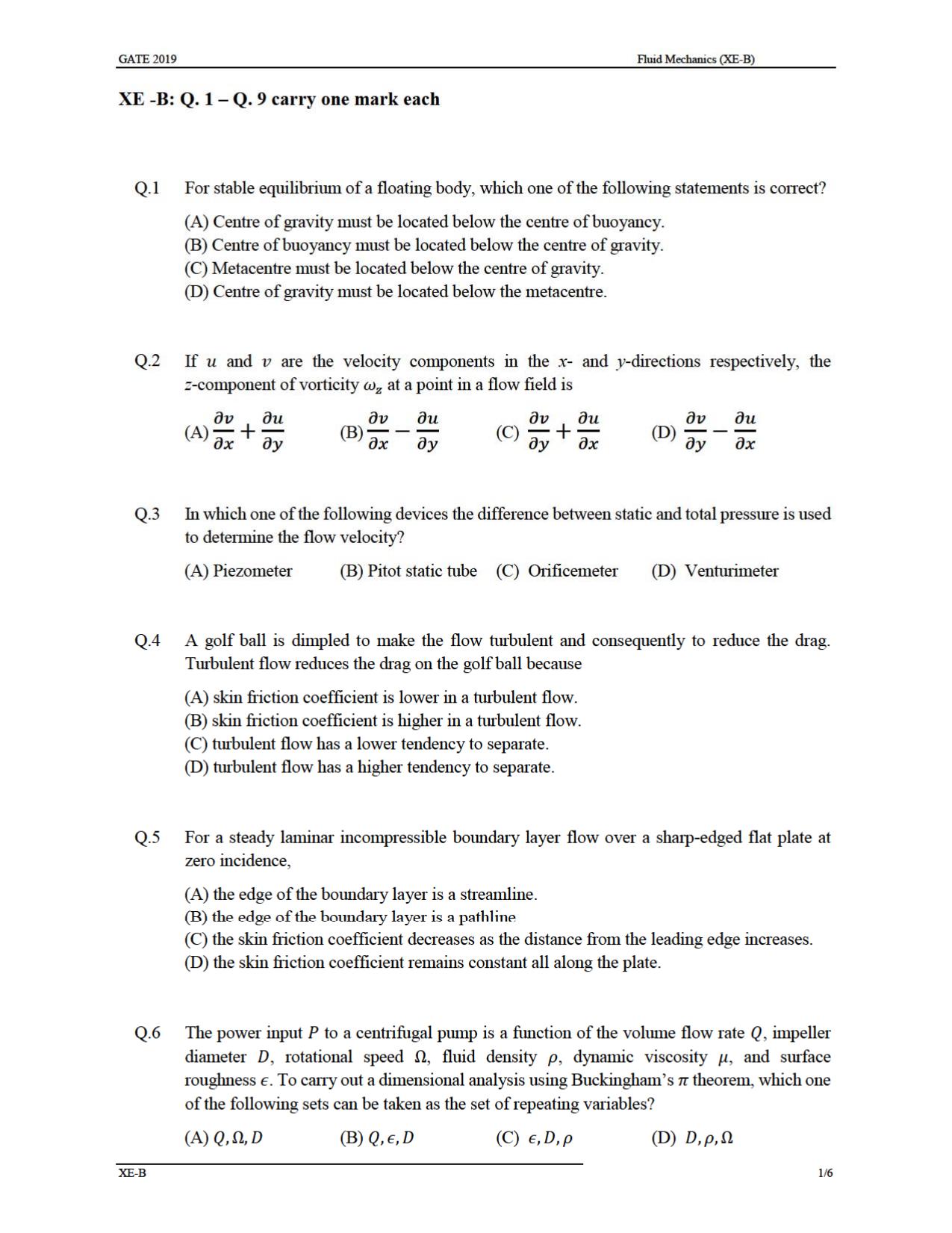 GATE 2019 Engineering Sciences (XE) Question Paper - Page 6