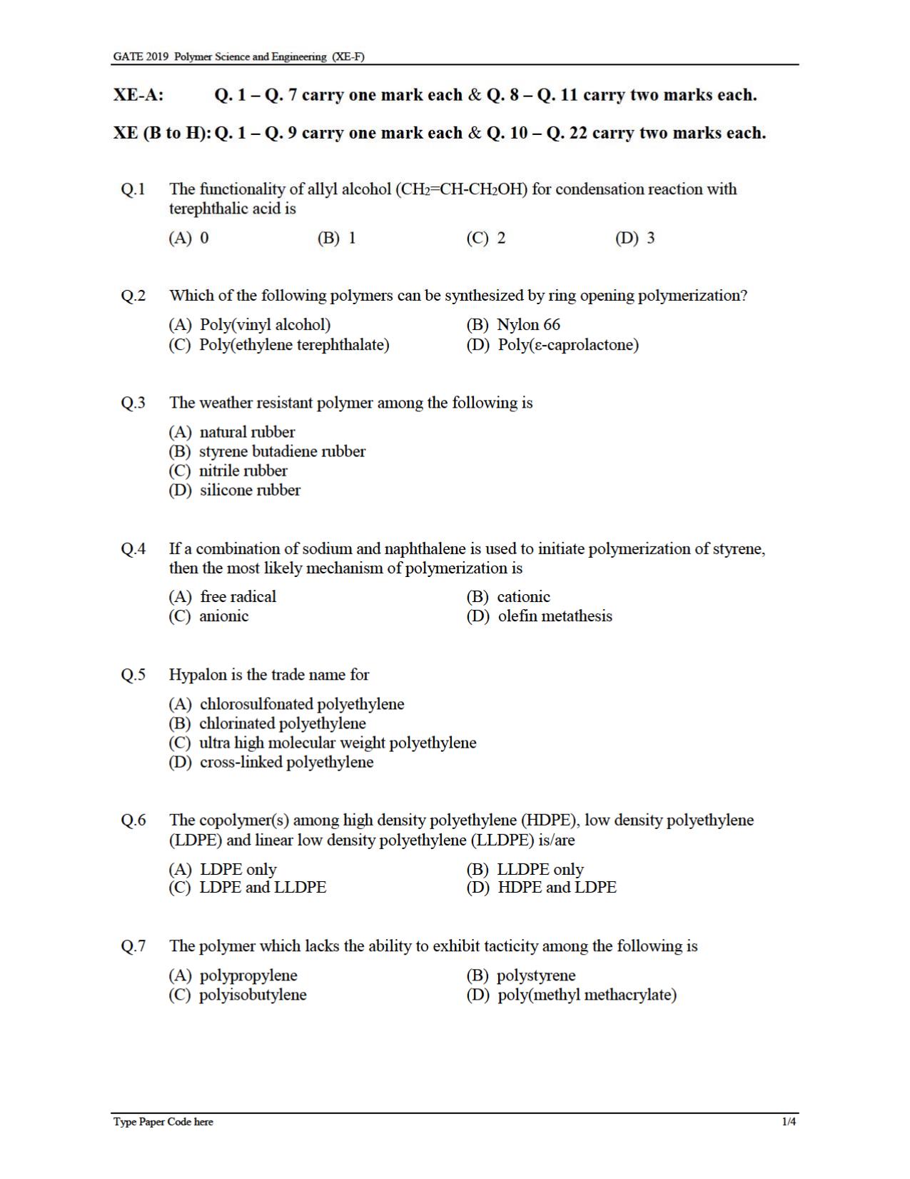 GATE 2019 Engineering Sciences (XE) Question Paper - Page 28