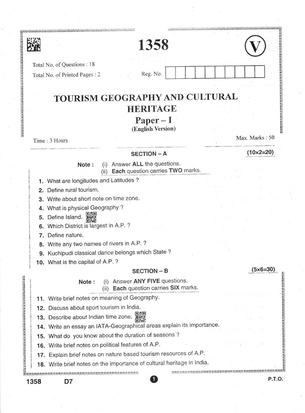 AP Intermediate 2nd Year Vocational Question Paper September-2021 -  Tourism_Geography&Cultural_Heritage-I - Page 1