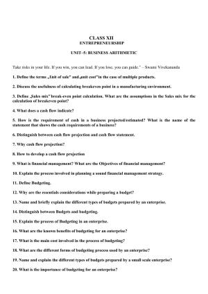 CBSE Worksheets for Class 12 Entrepreneurship Chapter 5 Business Arithmetic