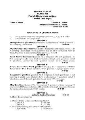 PSEB 12th Punjab History & Culture Model Paper 2025