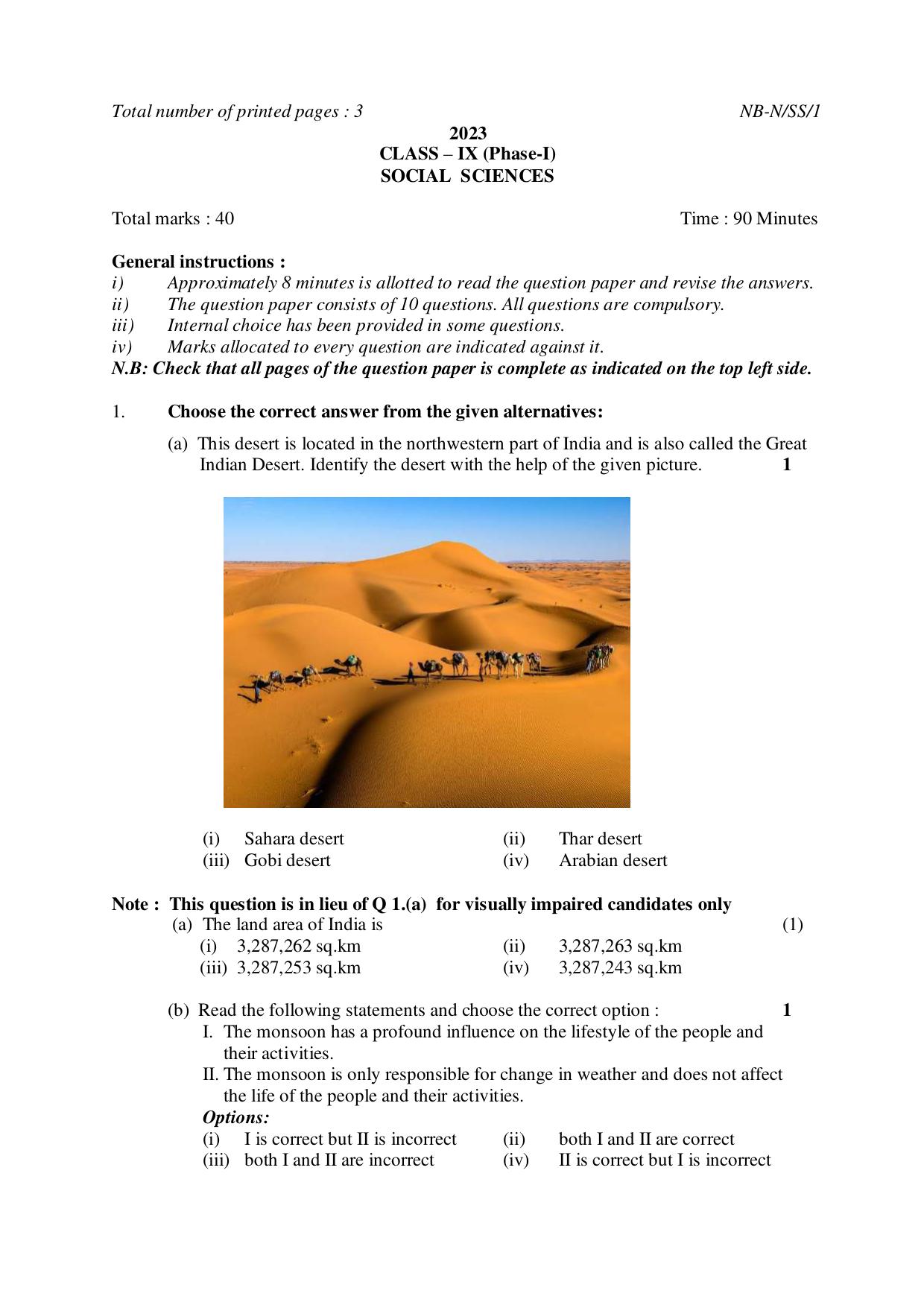 NBSE Class IX Final Examination 2023 Phase 1 Question Paper (All Subjects) - Page 1