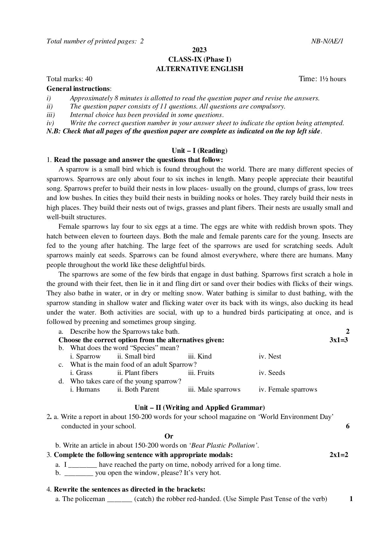 NBSE Class IX Final Examination 2023 Phase 1 Question Paper (All Subjects) - Page 28
