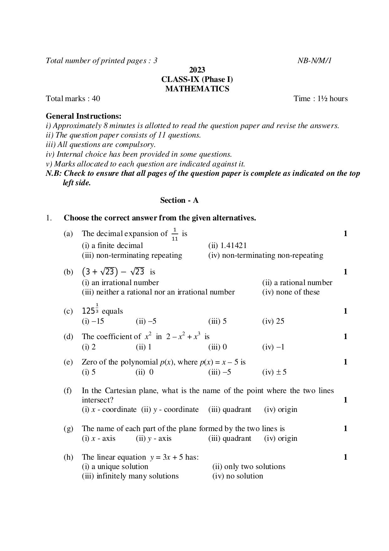 NBSE Class IX Final Examination 2023 Phase 1 Question Paper (All Subjects) - Page 30