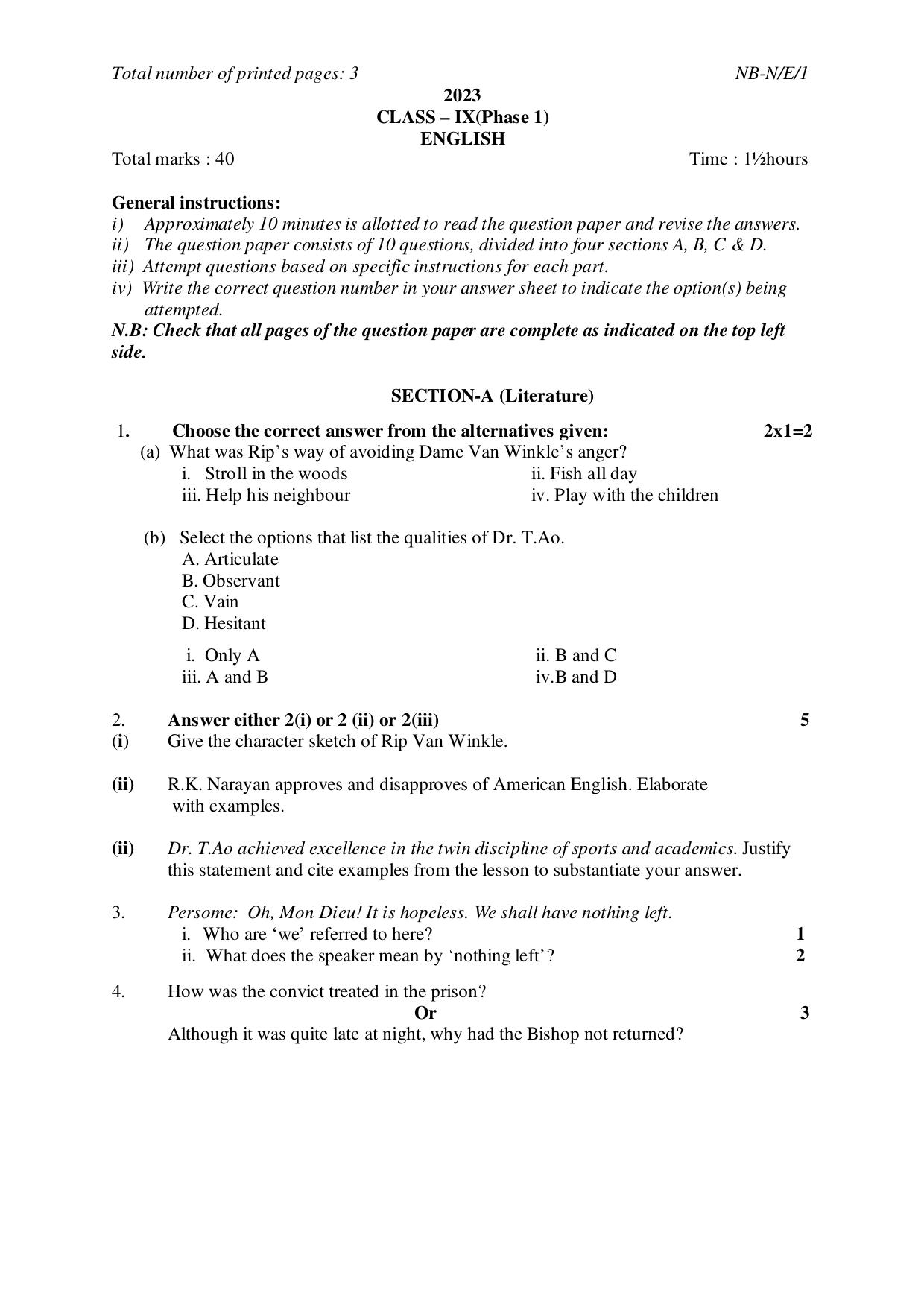 NBSE Class IX Final Examination 2023 Phase 1 Question Paper (All Subjects) - Page 33