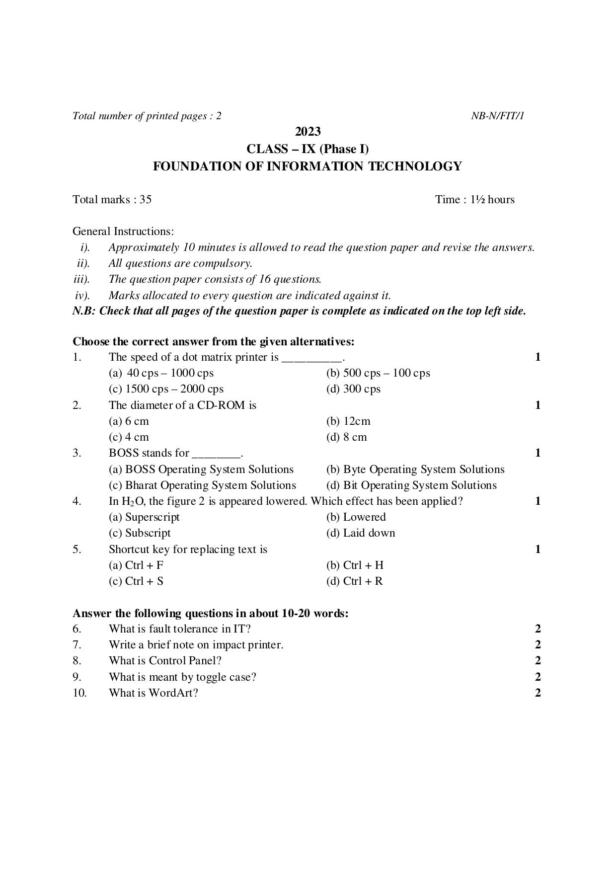 NBSE Class IX Final Examination 2023 Phase 1 Question Paper (All Subjects) - Page 36