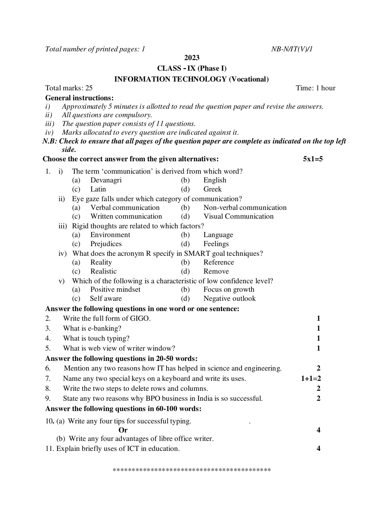 NBSE Class IX Final Examination 2023 Phase 1 Question Paper (All Subjects) - Page 43