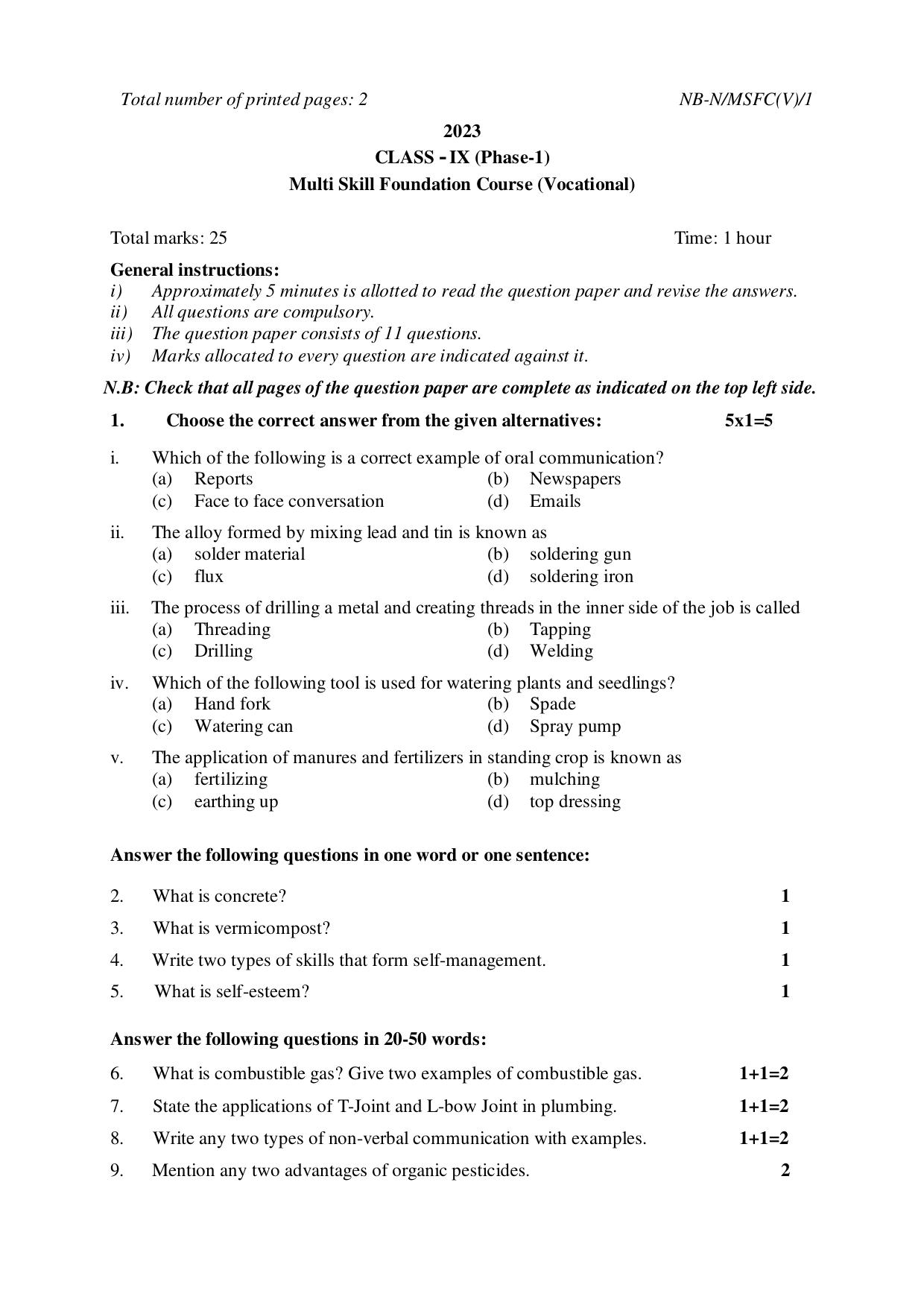 NBSE Class IX Final Examination 2023 Phase 1 Question Paper (All Subjects) - Page 51