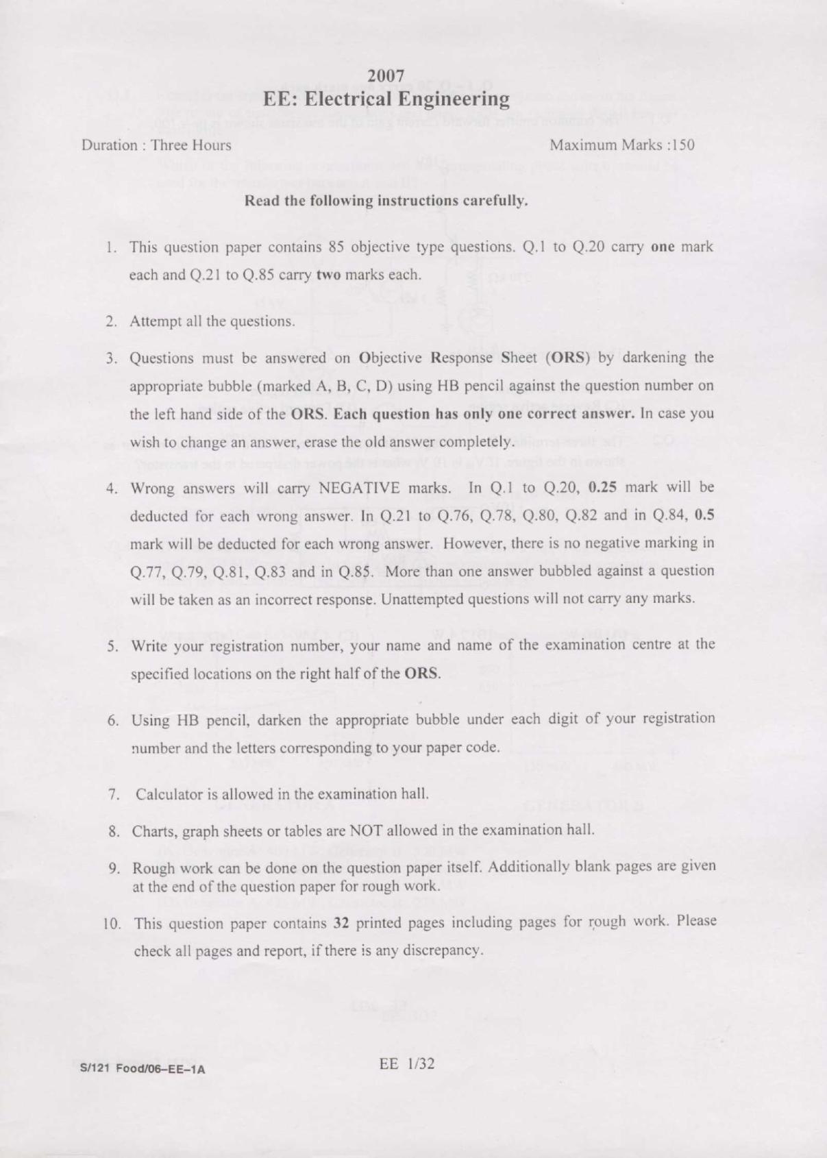 GATE 2007 Electrical Engineering (EE) Question Paper with Answer Key - Page 1