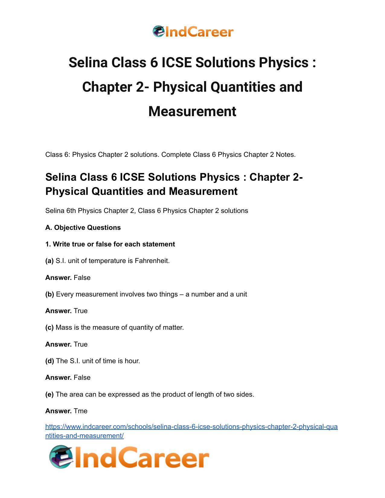 Selina Class 6 ICSE Solutions Physics : Chapter 2- Physical Quantities and Measurement - Page 2