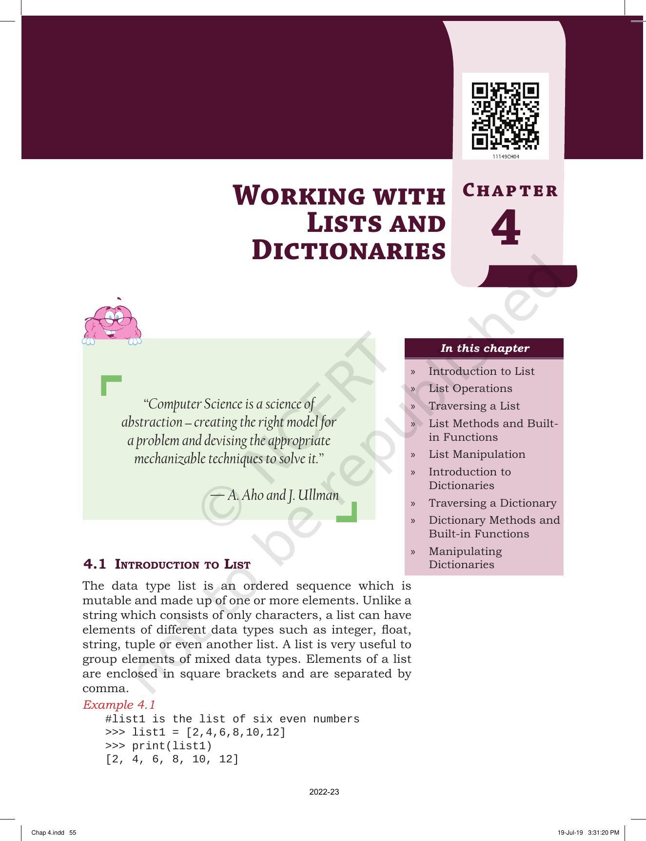 NCERT Book for Class 11 Informatics Practices Chapter 4 Working With the List of Dictionaries - Page 1