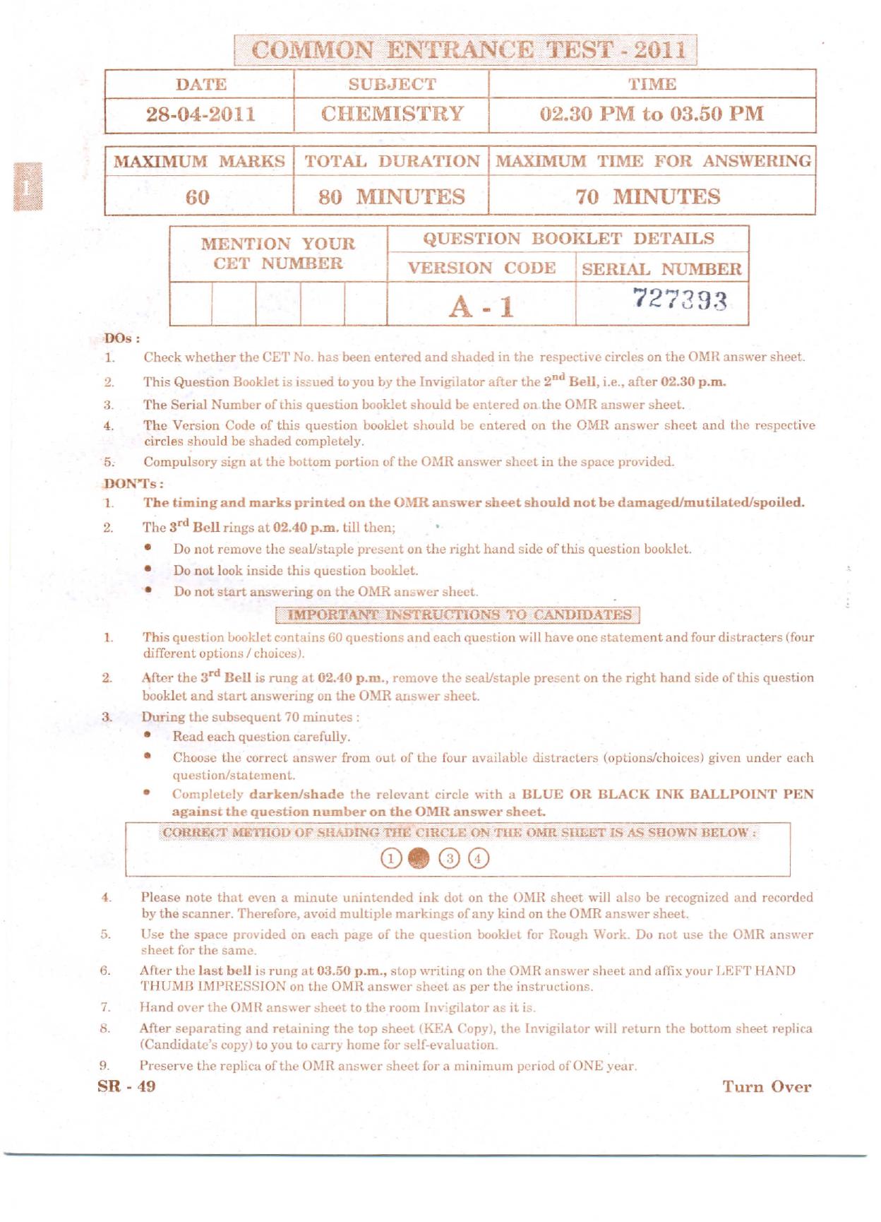 KCET Chemistry 2011 Question Papers - Page 1