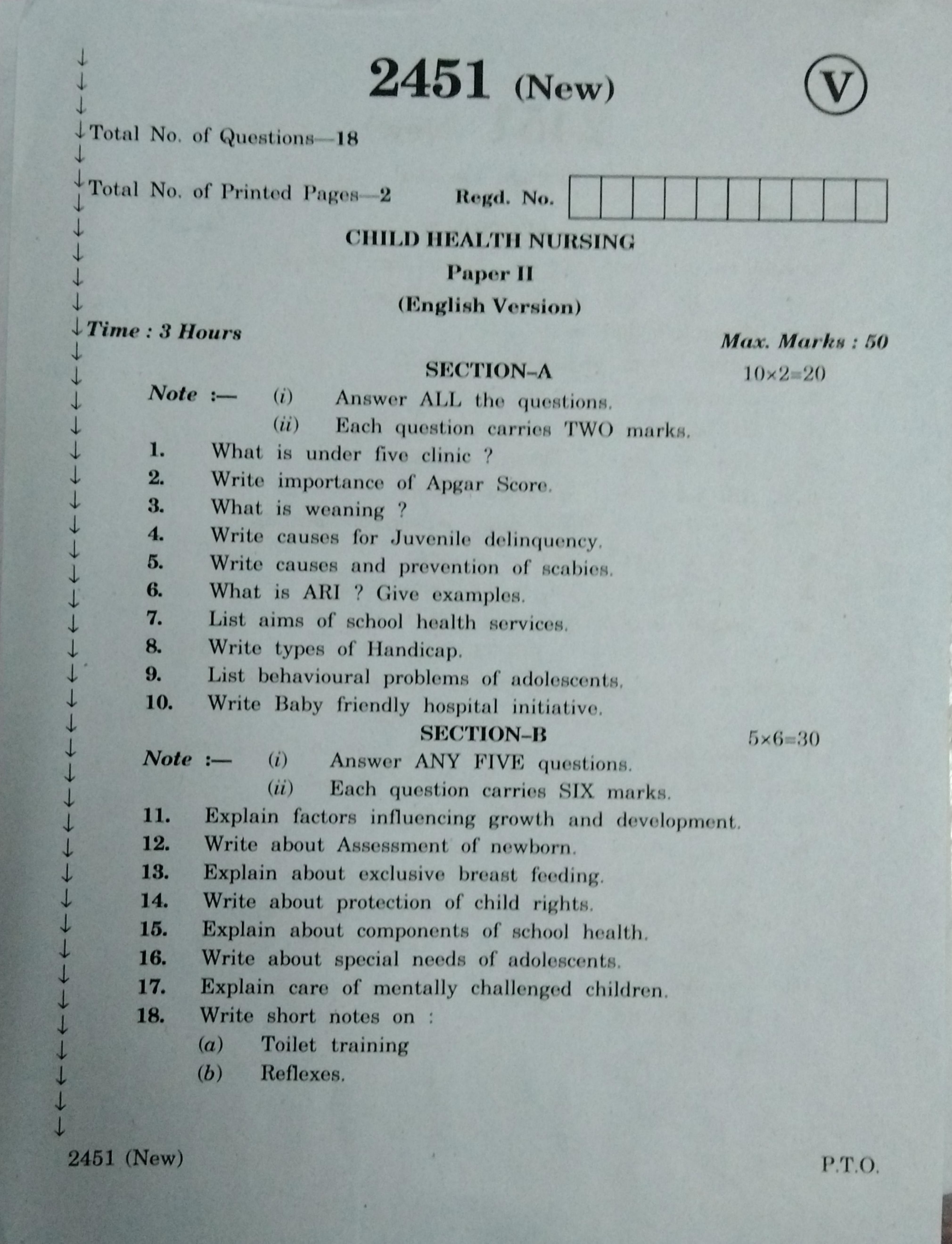 AP Inter 2nd Year Vocational Question Paper March - 2020 - Child Health Nursing - II (new) - Page 1