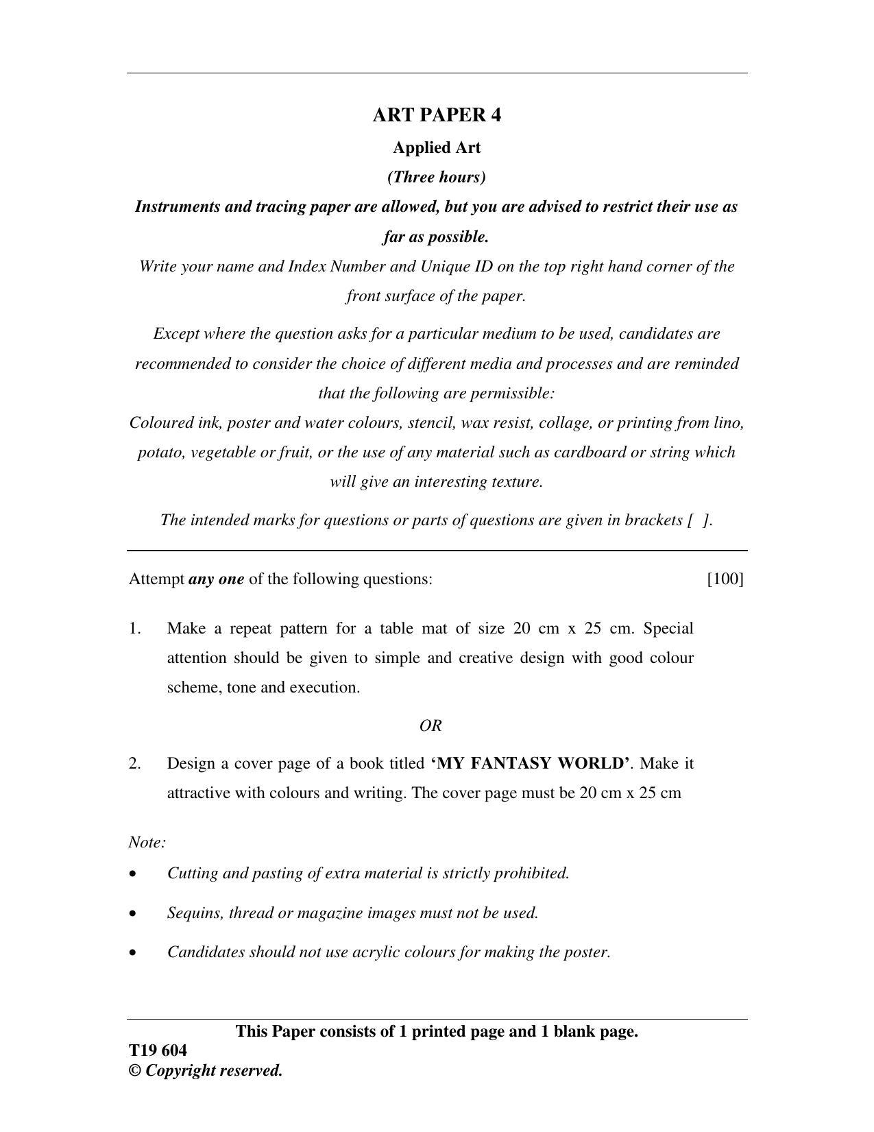 ISC Class 12 2019 Art Paper IV Question Paper - Page 1