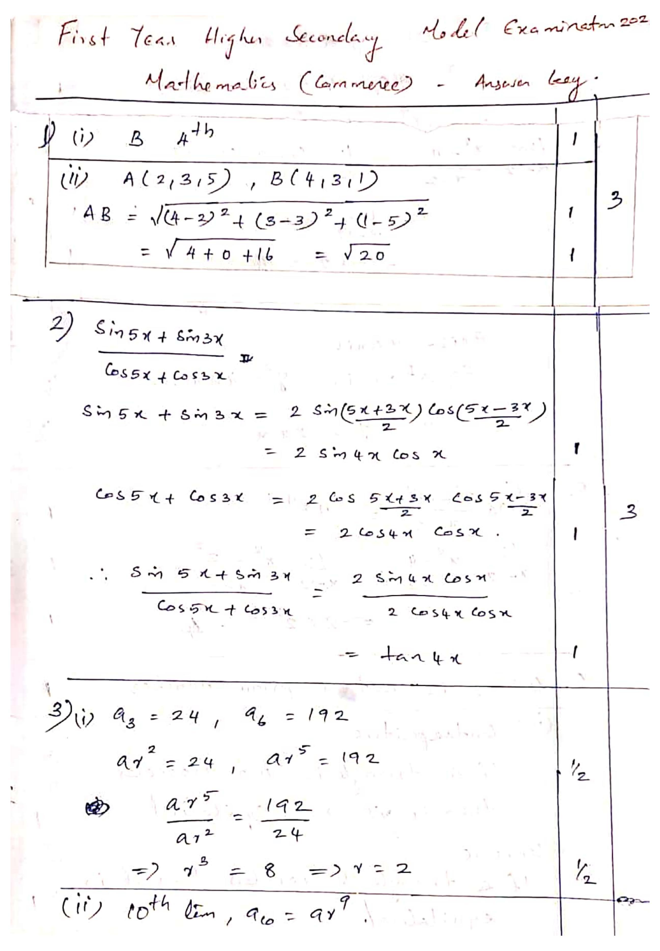Kerala Plus One 2021 Maths (Commerce) Answer Key (Model) - Page 1