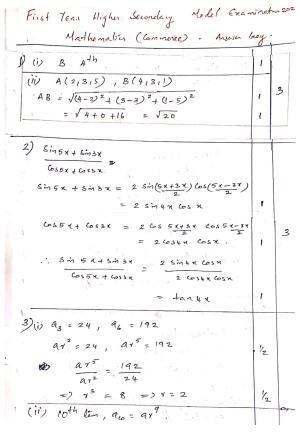 Kerala Plus One 2021 Maths (Commerce) Answer Key (Model)